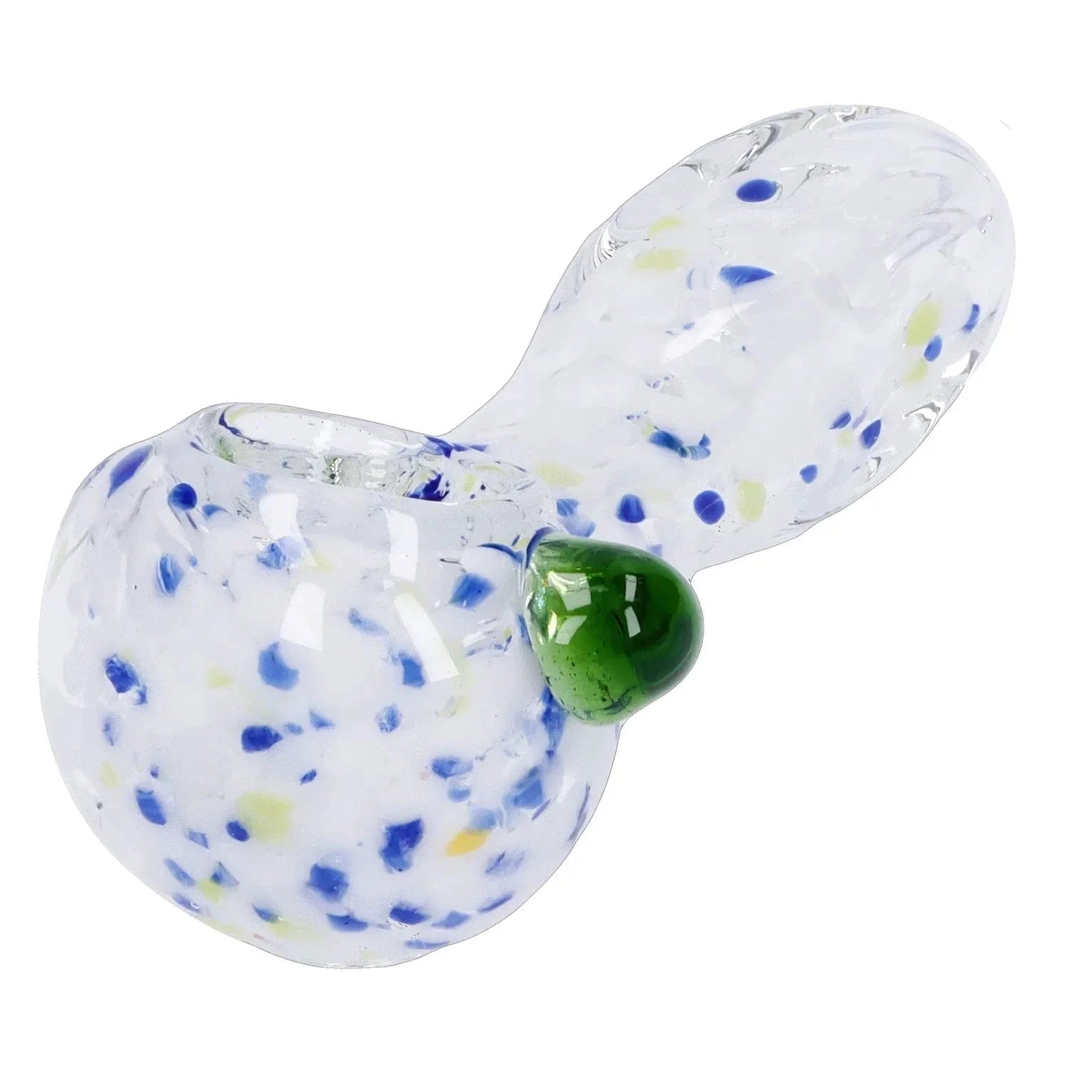 Close-up angled view of the Frit Glass with Square Mouth Pipe - 3.5 in showing its white fritted glass body with blue and yellow speckles and a single green glass accent.