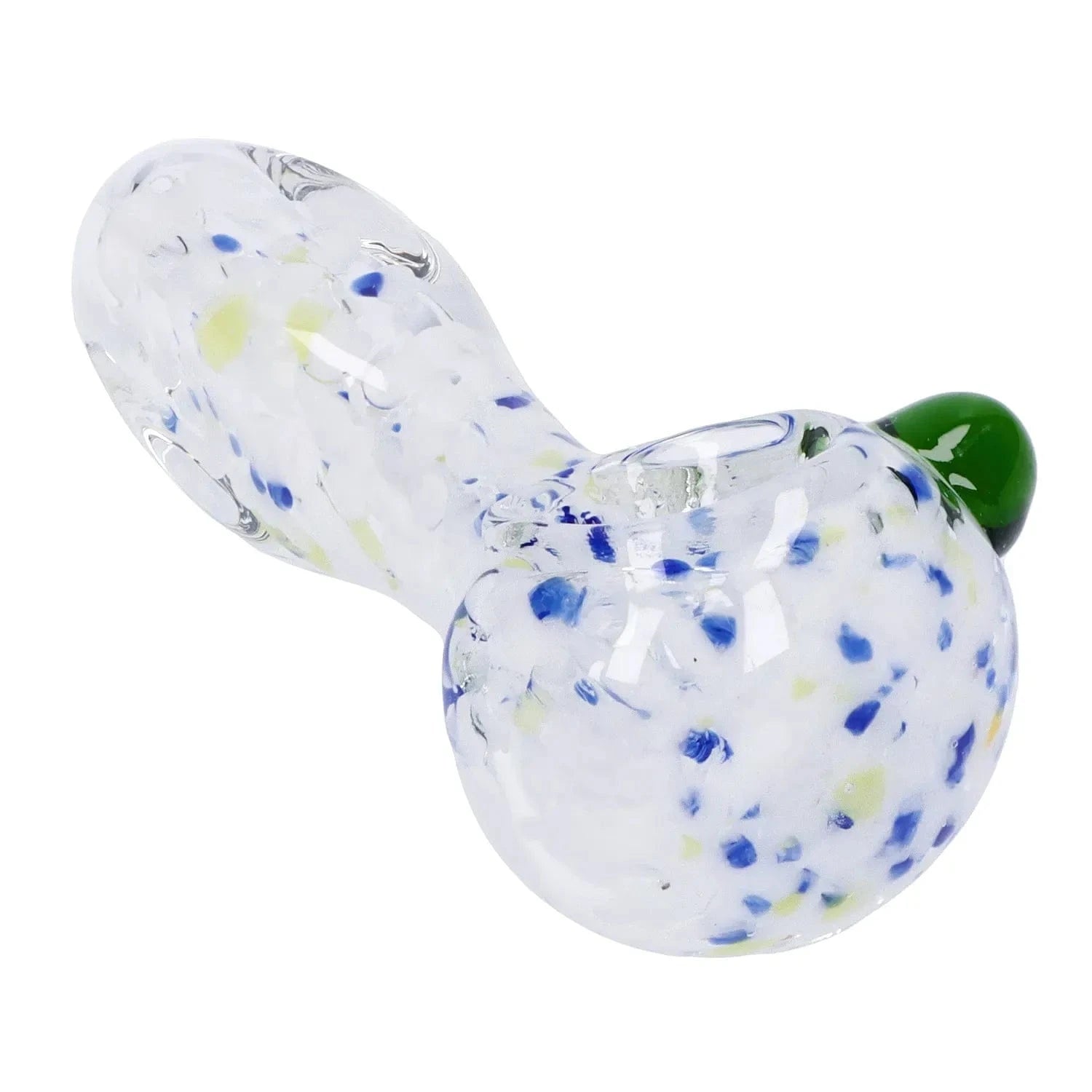 Angled close-up of the Frit Glass with Square Mouth Pipe - 3.5 in showing clear blown glass with blue and pale yellow frit speckles and a green mouthpiece.