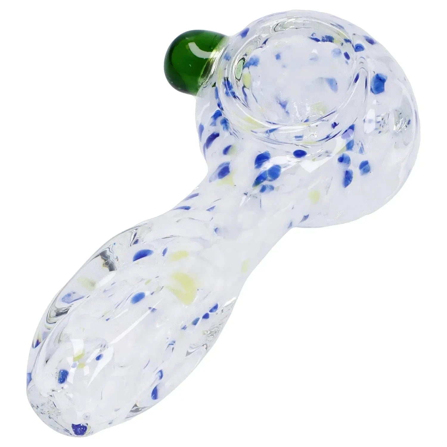 Angled close-up of the Frit Glass with Square Mouth Pipe - 3.5 in showing clear glass speckled with blue and pale yellow frit and a small green carb nub.