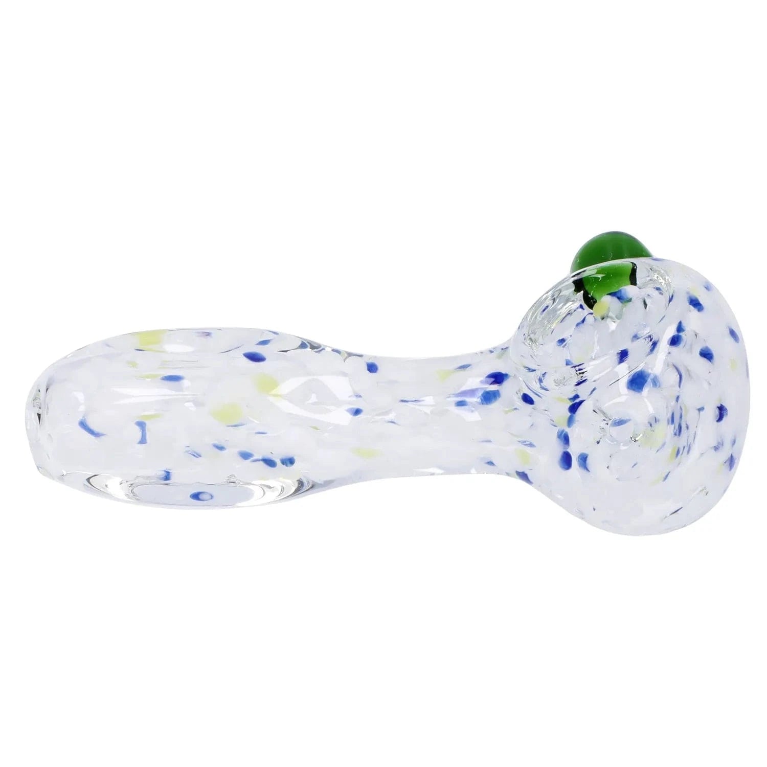 Side view of the Frit Glass with Square Mouth Pipe - 3.5 in showing a clear glass spoon shape with scattered blue and pale yellow frit and a small green accent near the bowl