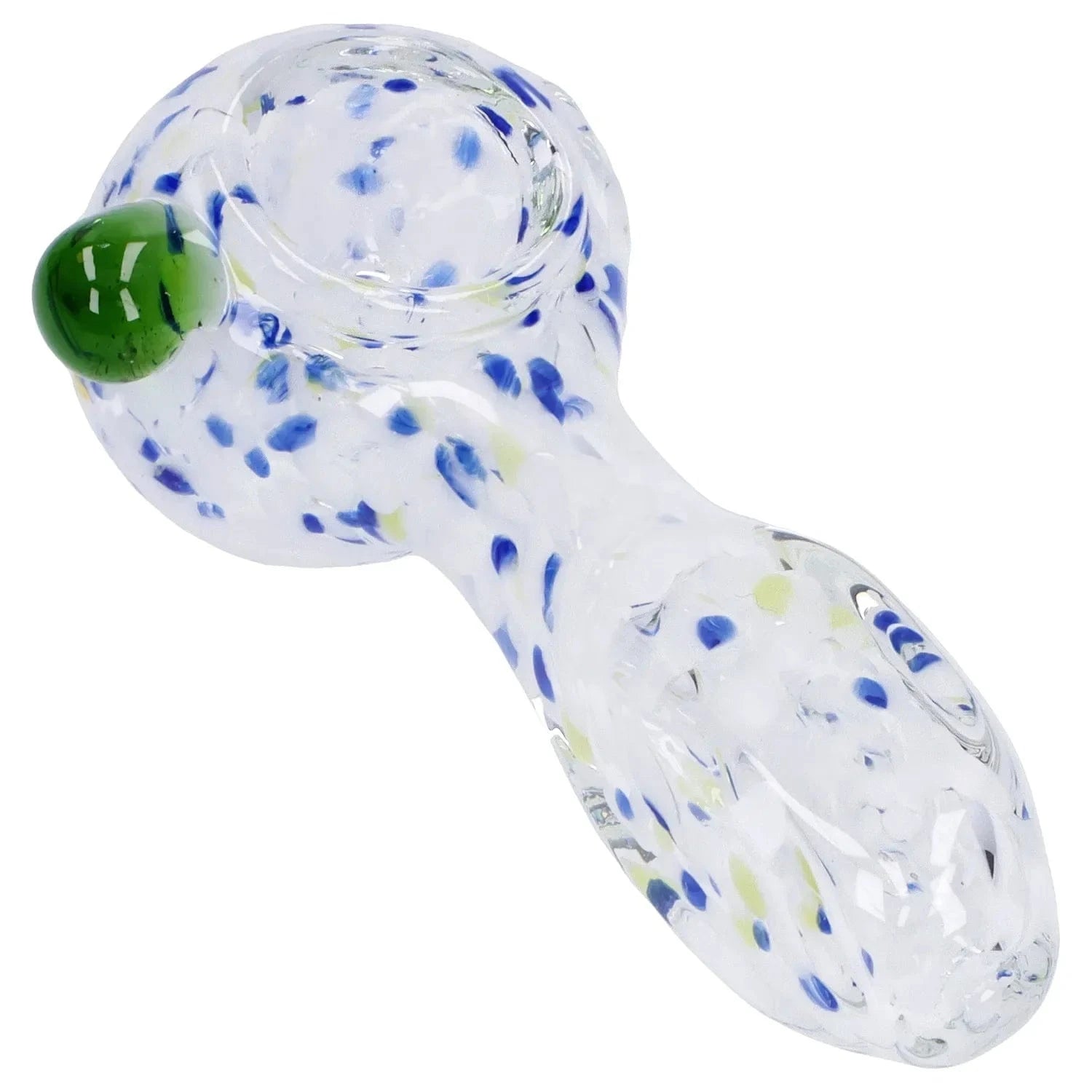 Angled close-up of the Frit Glass with Square Mouth Pipe - 3.5 in showing a clear glass body flecked with blue and pale green frit and a small green glass carb.