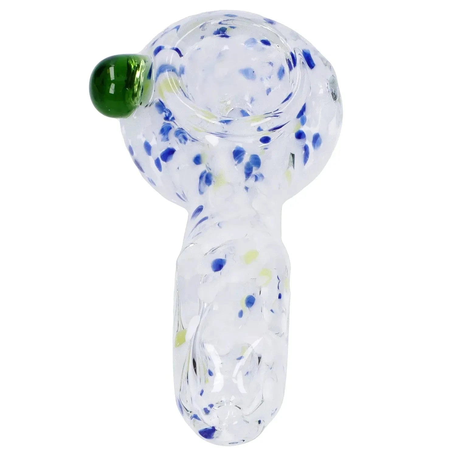 Top-down close-up of the Frit Glass with Square Mouth Pipe - 3.5 in showing a clear glass bowl speckled with blue and yellow frit and a single green glass thumb rest.