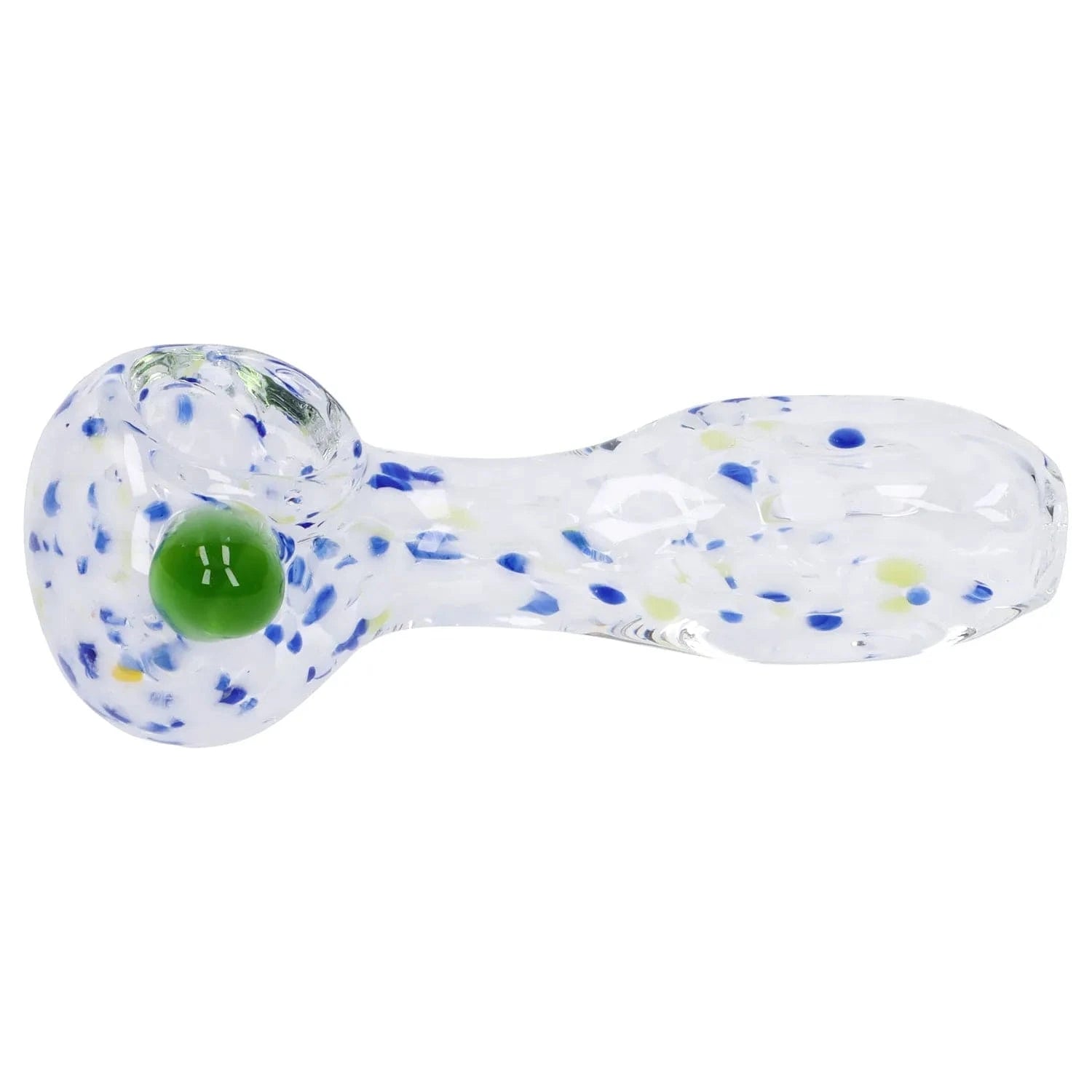 Side view of the Frit Glass with Square Mouth Pipe - 3.5 in showing clear glass with blue and yellow frit speckles and a raised green glass marble near the bowl