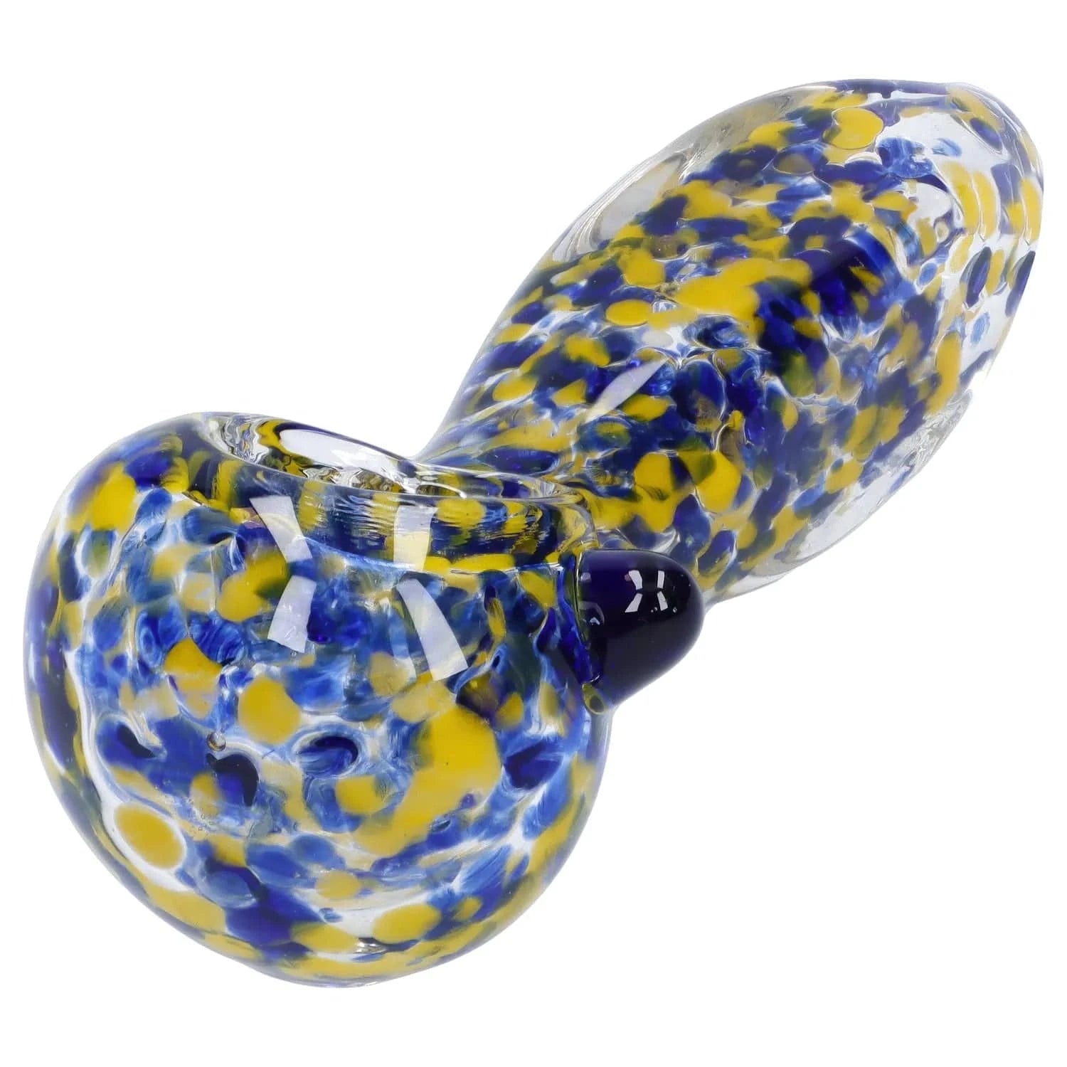 Close-up angled view of the Frit Glass with Square Mouth Pipe - 3.5 in showing blue and yellow frit speckles across the curved glass bowl on a white background