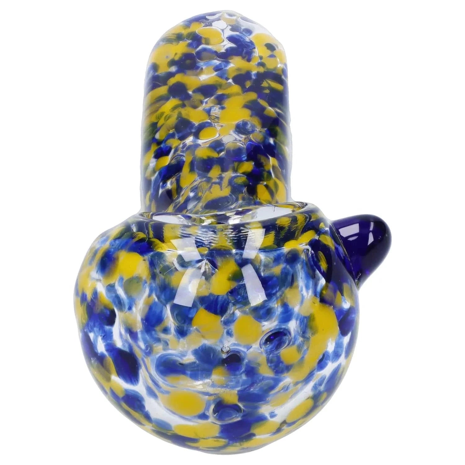 Close-up overhead view of the Frit Glass with Square Mouth Pipe - 3.5 in showing a blue and yellow speckled glass bowl and rounded mouthpiece.