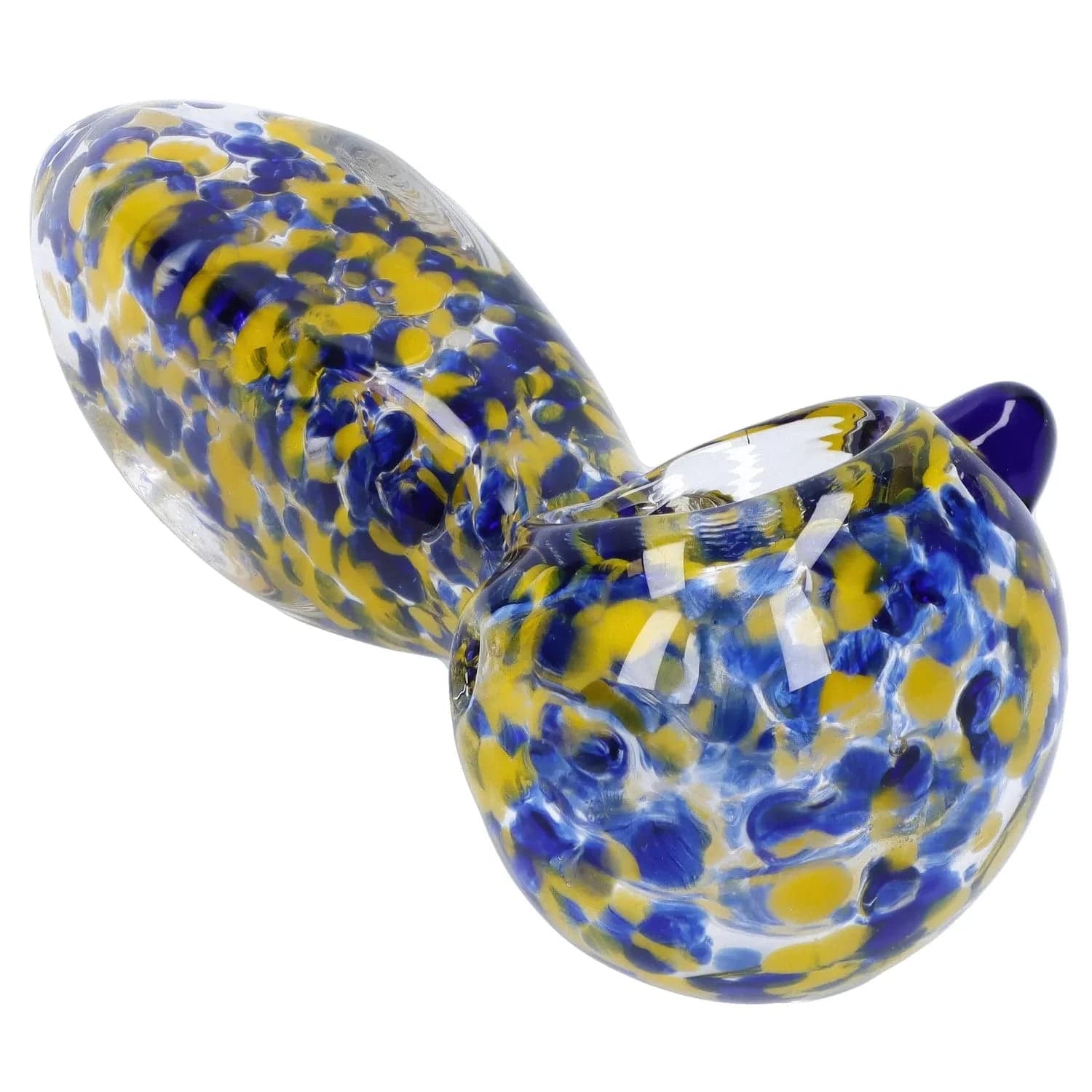 Close-up angled view of the Frit Glass with Square Mouth Pipe - 3.5 in showing blue and yellow frit pattern on clear glass.