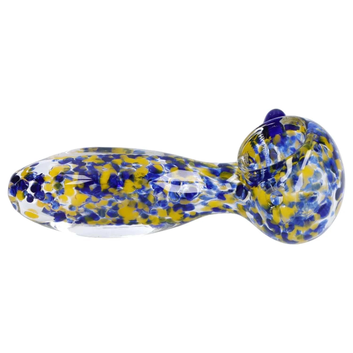 Side view of the Frit Glass with Square Mouth Pipe - 3.5 in showing its clear glass body speckled with blue and yellow frit against a white background