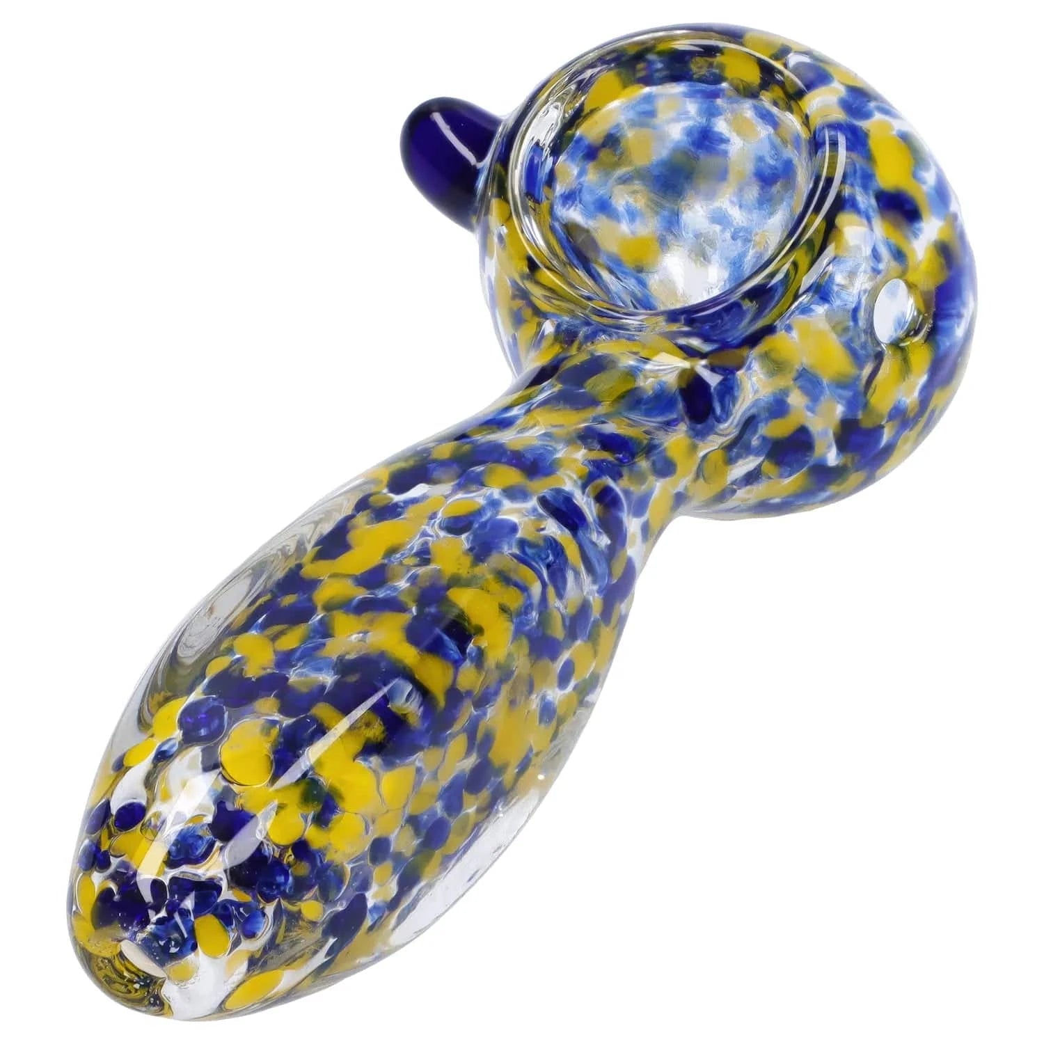 Angled close-up of the Frit Glass with Square Mouth Pipe - 3.5 in showing a rounded bowl and handle with blue and yellow frit speckles on clear glass