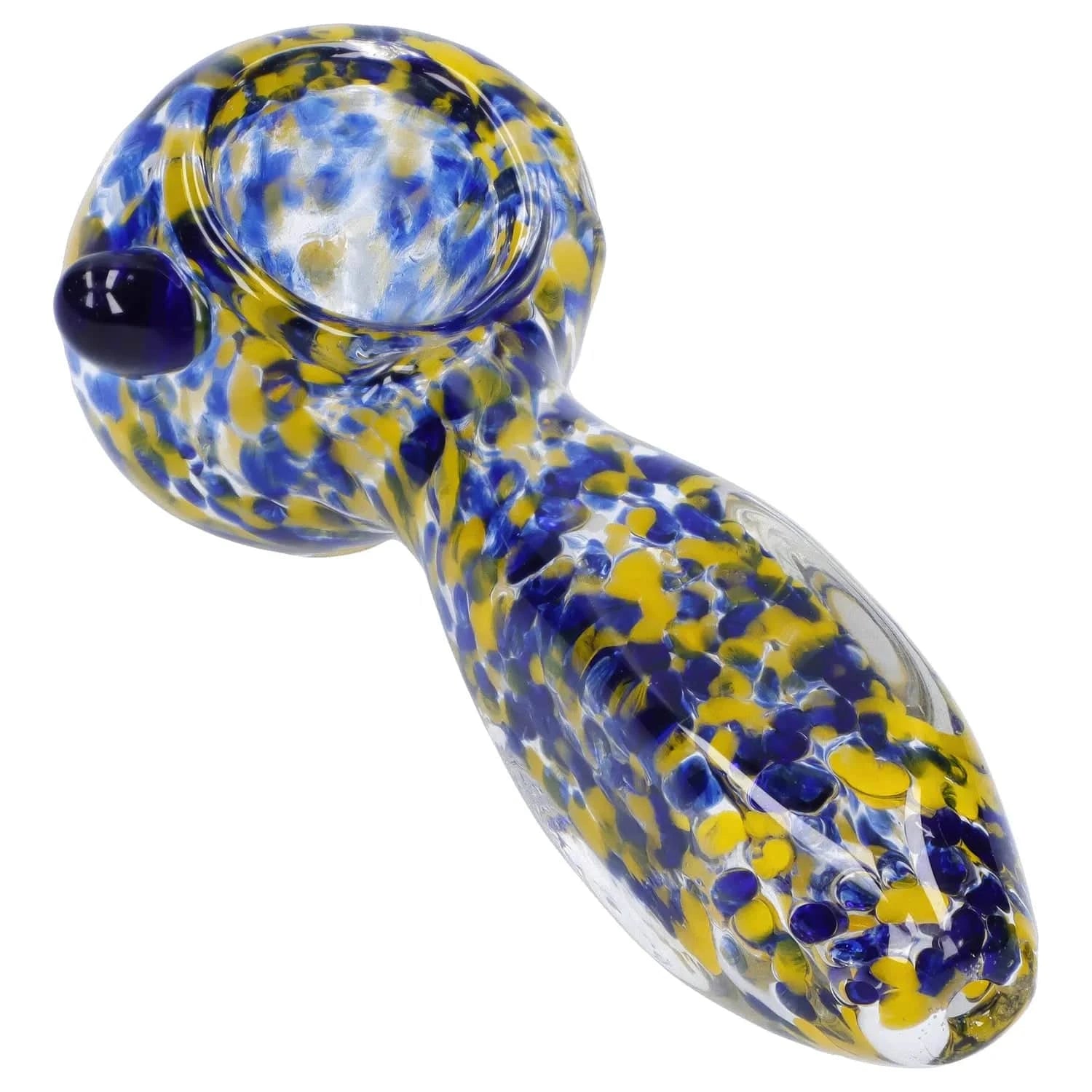 Angled close-up of the Frit Glass with Square Mouth Pipe - 3.5 in showing blue and yellow frit speckles in the bowl and along the clear glass body