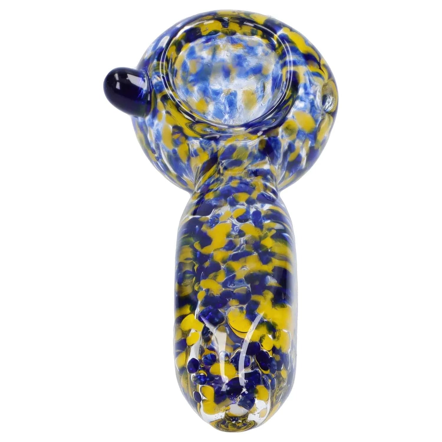 Top-down close-up of the Frit Glass with Square Mouth Pipe - 3.5 in showing its rounded bowl and blue-and-yellow speckled glass against a white background.