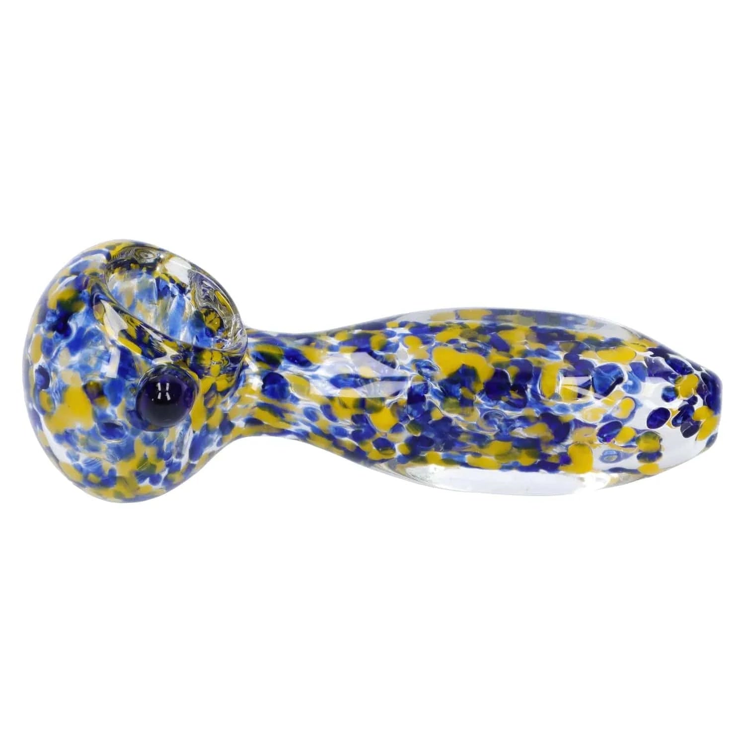 Side view of the Frit Glass with Square Mouth Pipe - 3.5 in showing a clear glass hand pipe speckled with blue and yellow frit against a white background.