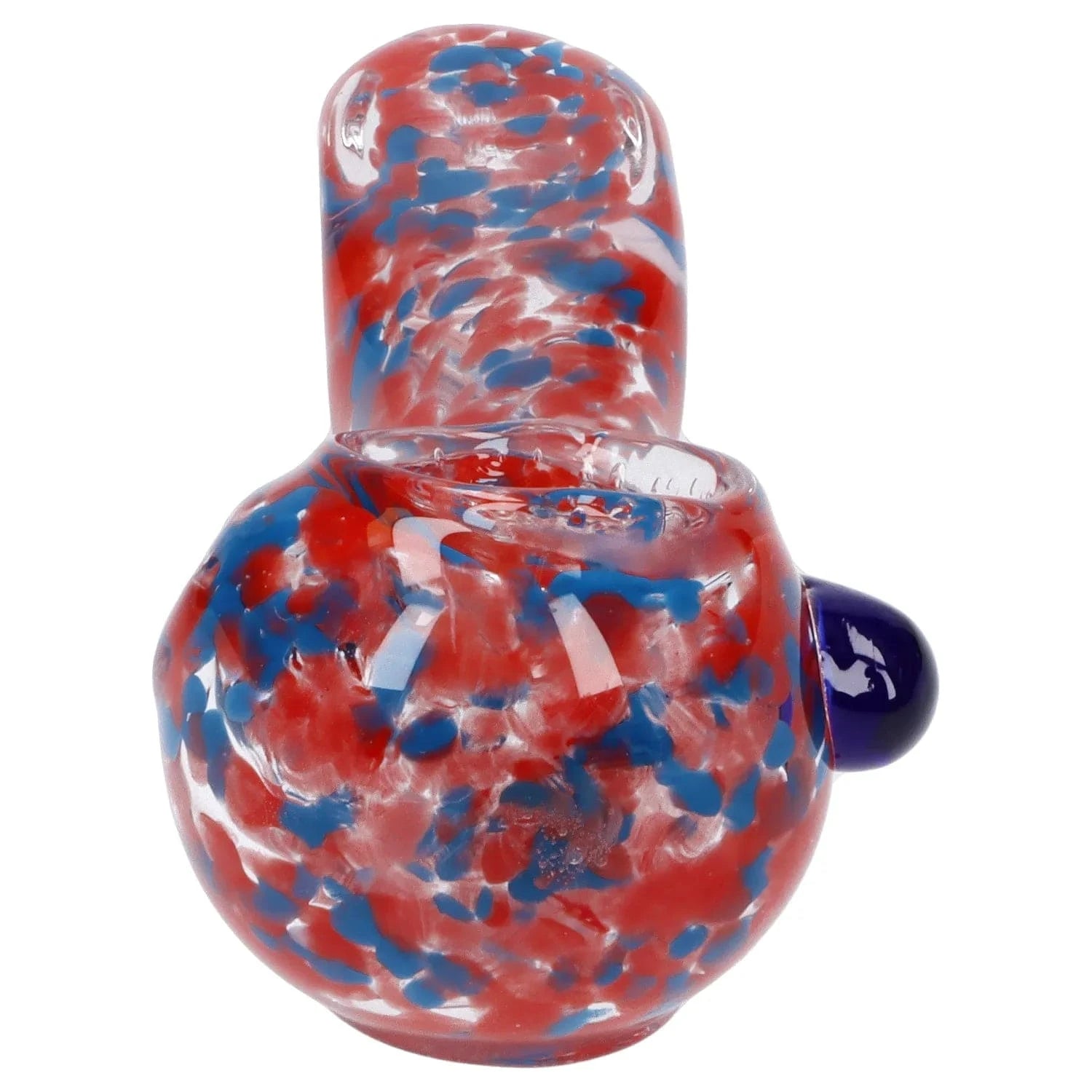 Close-up front view of the Frit Glass with Square Mouth Pipe - 3.5 in showing its red and blue speckled glass body and rounded mouthpiece.