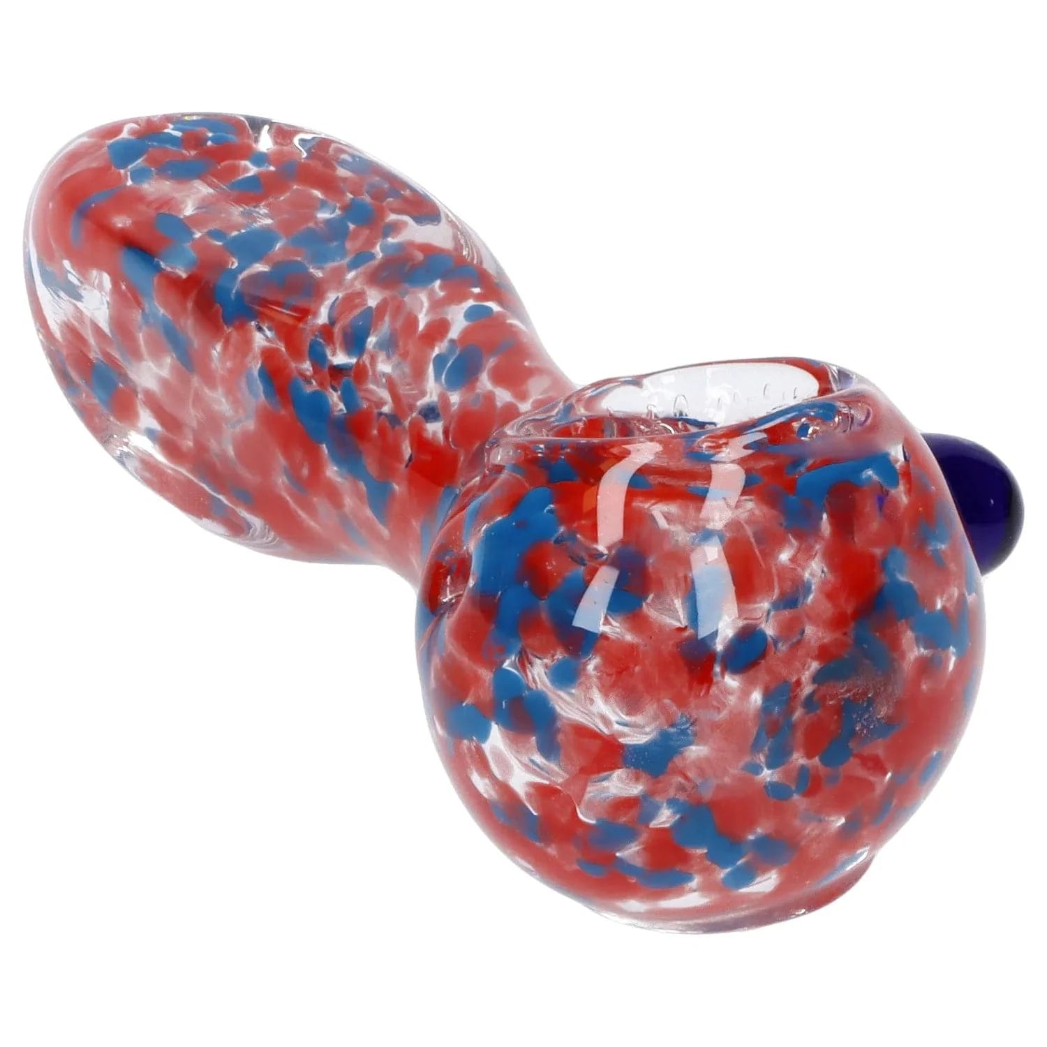 Close-up angled view of the Frit Glass with Square Mouth Pipe - 3.5 in showing its red and blue speckled glass bowl and curved body against a white background.