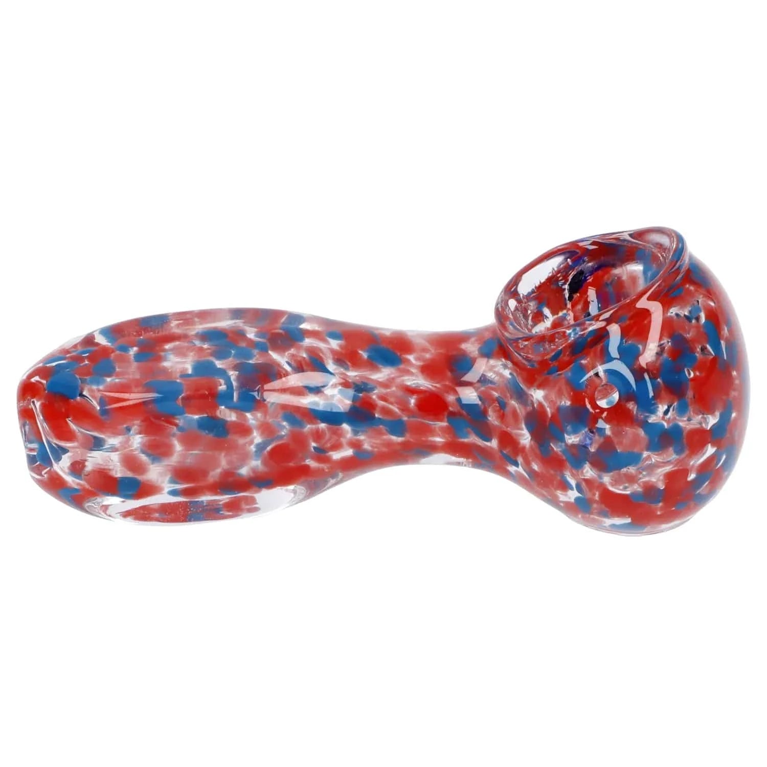 Side view of the Frit Glass with Square Mouth Pipe - 3.5 in, a red and blue speckled glass hand pipe photographed on a white background.