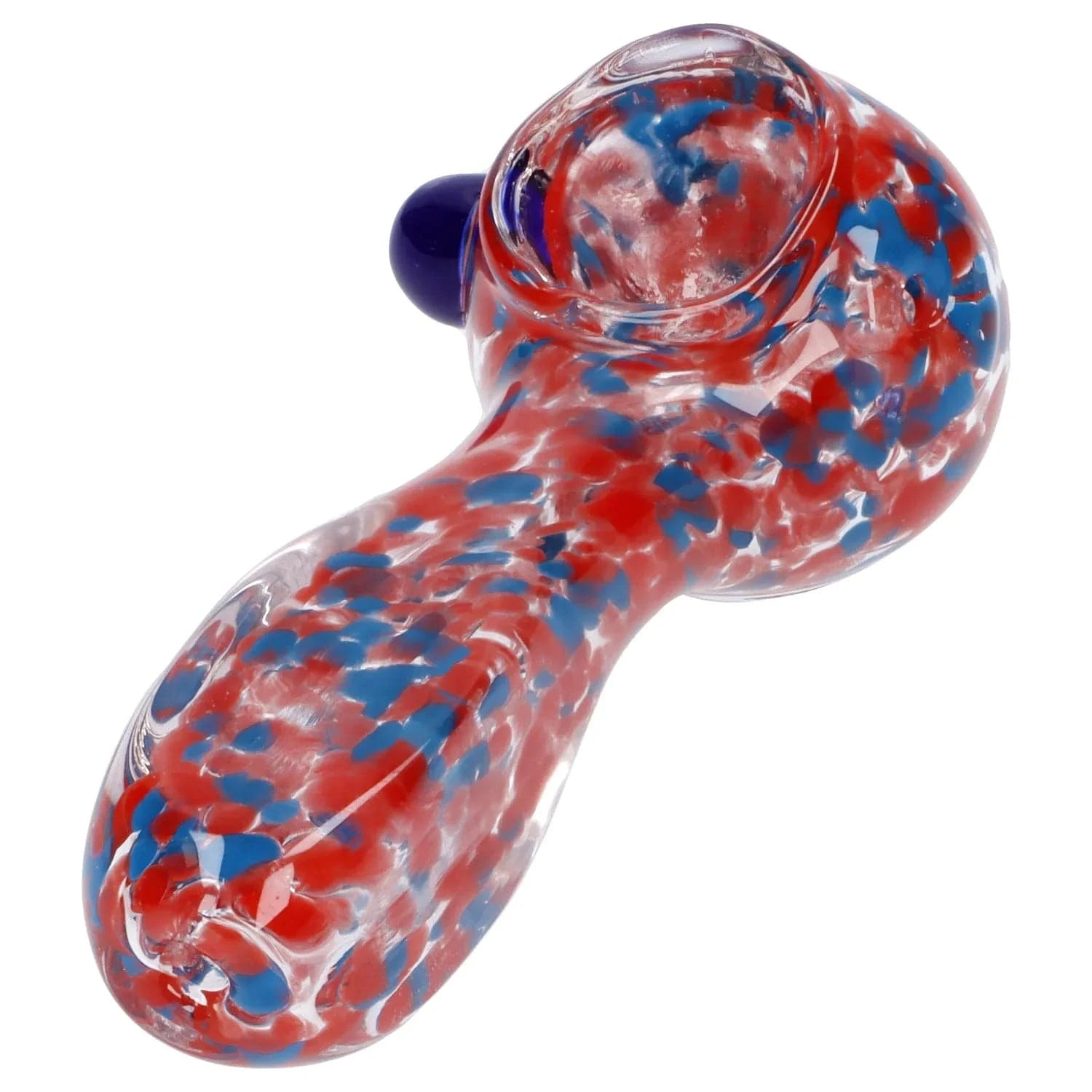 Angled close-up of the Frit Glass with Square Mouth Pipe - 3.5 in showing a red-and-blue speckled glass bowl and curved clear stem against a white background