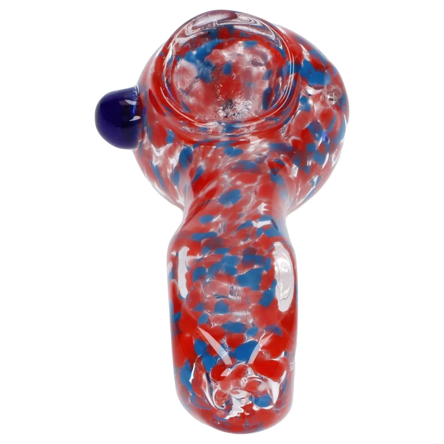 Top-down close-up of the Frit Glass with Square Mouth Pipe - 3.5 in showing its red and blue speckled bowl and short stem against a white background.