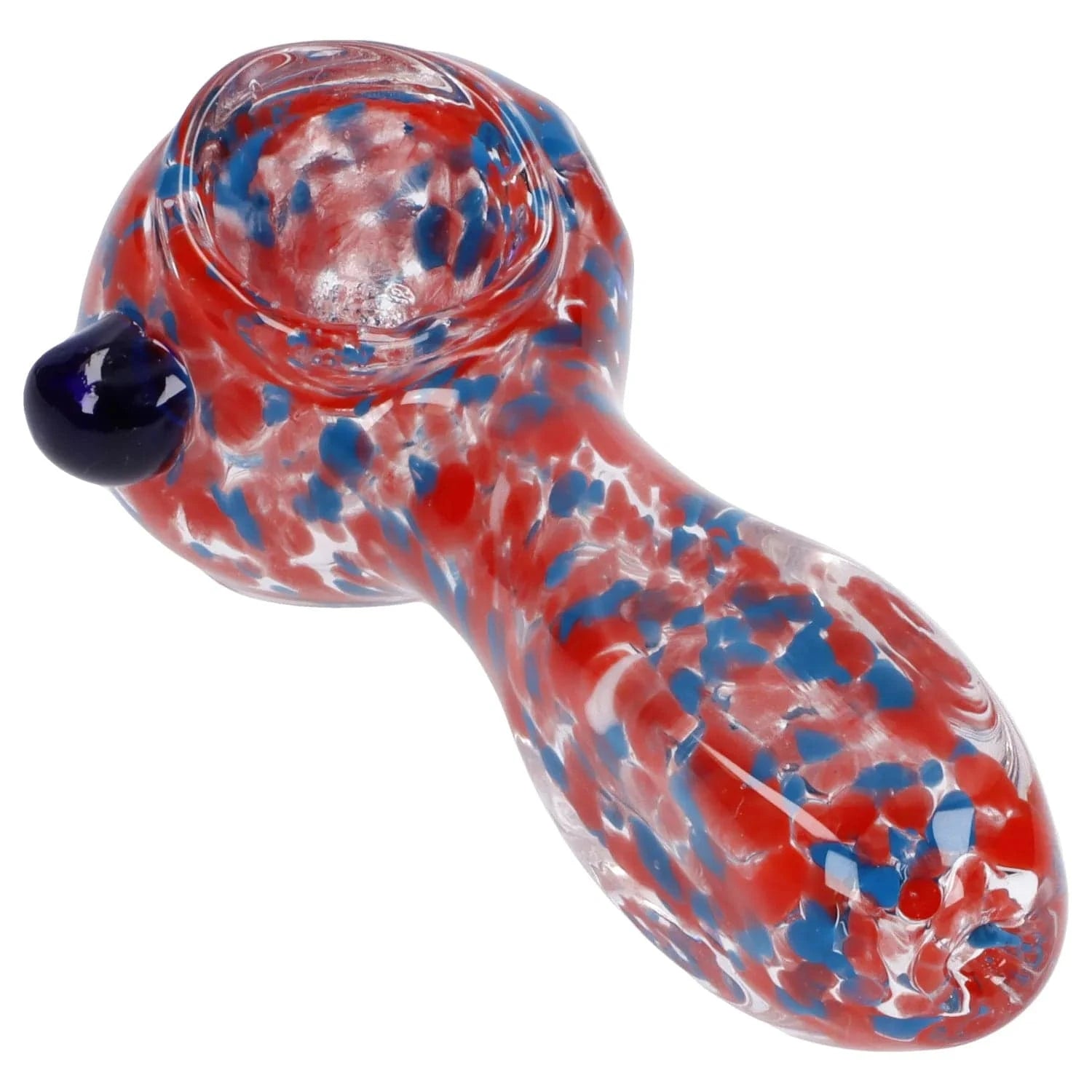 Angled close-up of the Frit Glass with Square Mouth Pipe - 3.5 in showing red and blue frit patterns on clear glass and a dark glass carb on a white background