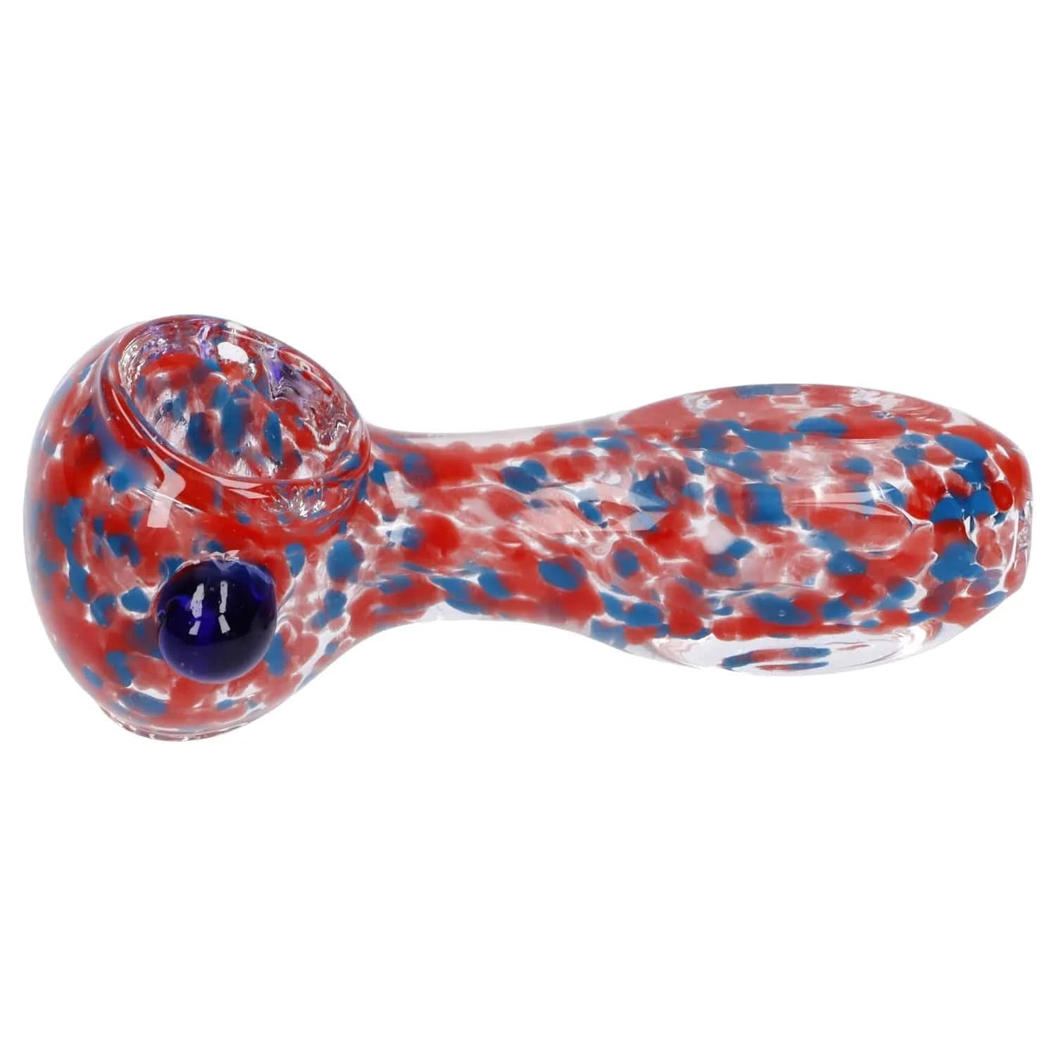 Side view of the red-and-blue speckled Frit Glass with Square Mouth Pipe - 3.5 in resting on a white background, showing the bowl and rounded carb.