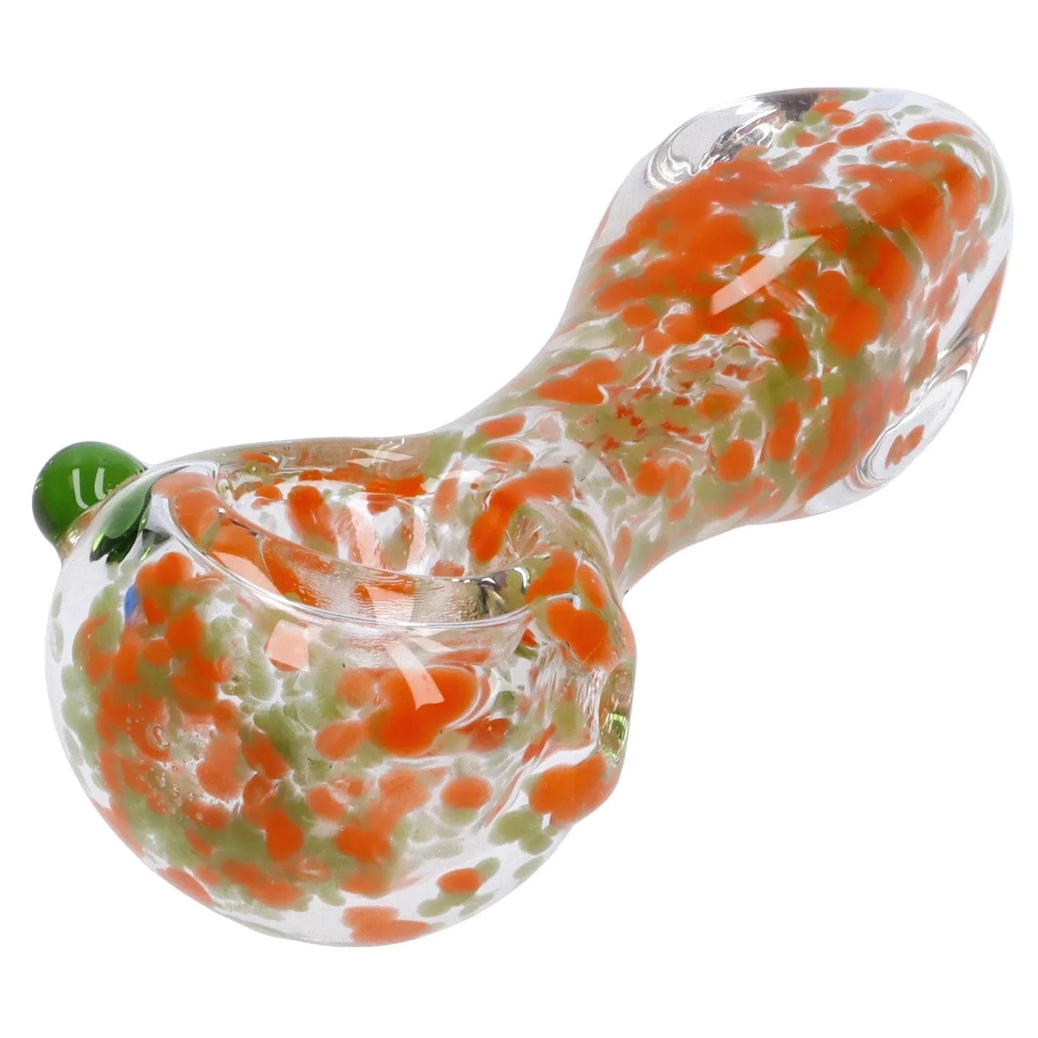 Close-up angled view of the Frit Glass with Square Mouth Pipe - 3.5 in showing clear glass flecked with orange and pale green spots and a small green mouthpiece.