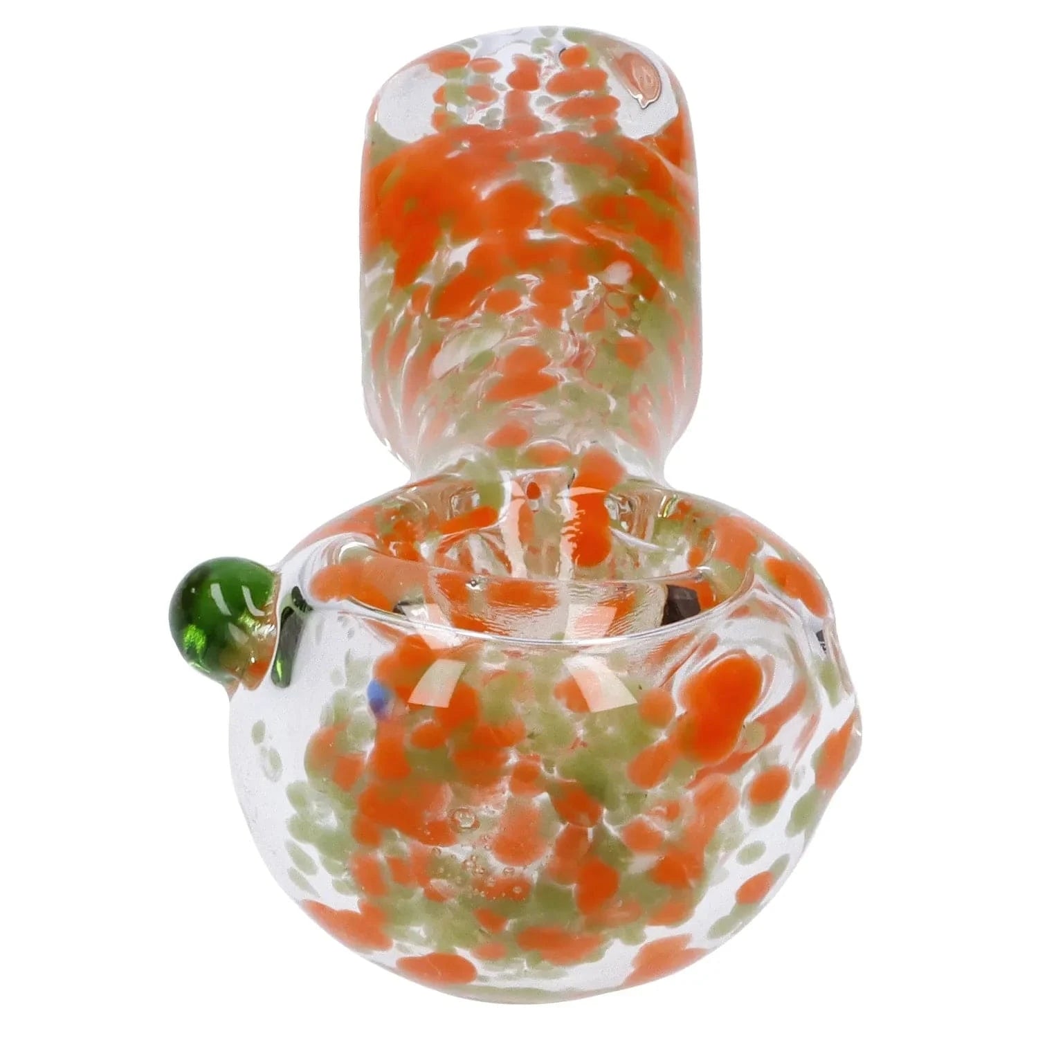 Close-up top-down view of the Frit Glass with Square Mouth Pipe - 3.5 in, showing clear glass speckled with orange and pale green frit and a small green glass knob.