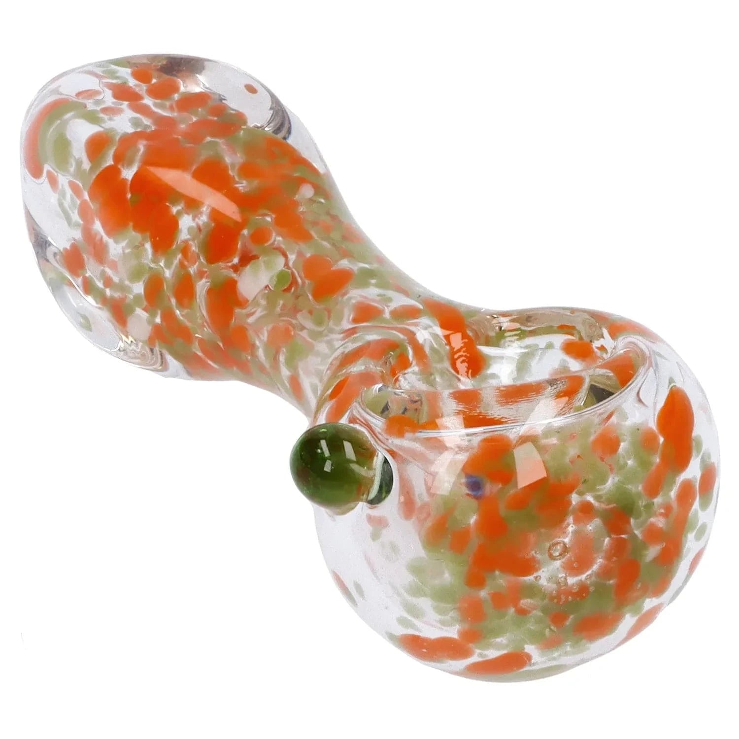 Angled close-up of the Frit Glass with Square Mouth Pipe - 3.5 in showing clear glass speckled with orange and pale green frit and a small green glass carb.