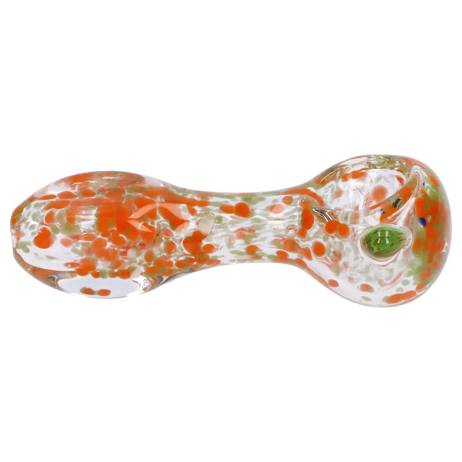 Top-down view of the Frit Glass with Square Mouth Pipe - 3.5 in, a clear hand pipe dotted with orange and green frit and a visible rounded bowl.