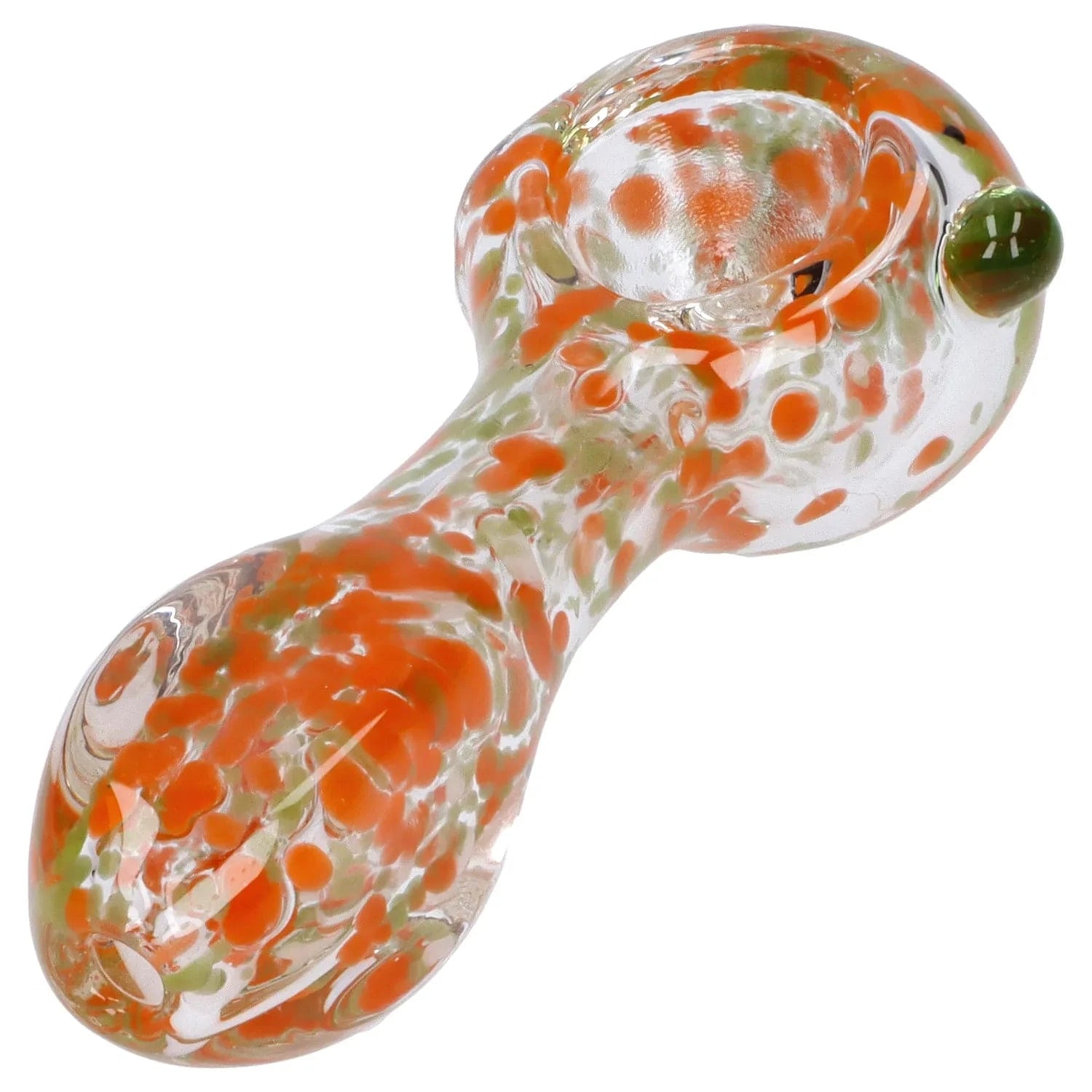 Angled close-up of the Frit Glass with Square Mouth Pipe - 3.5 in showing its clear glass body speckled with orange and pale green frits and a rounded bowl.