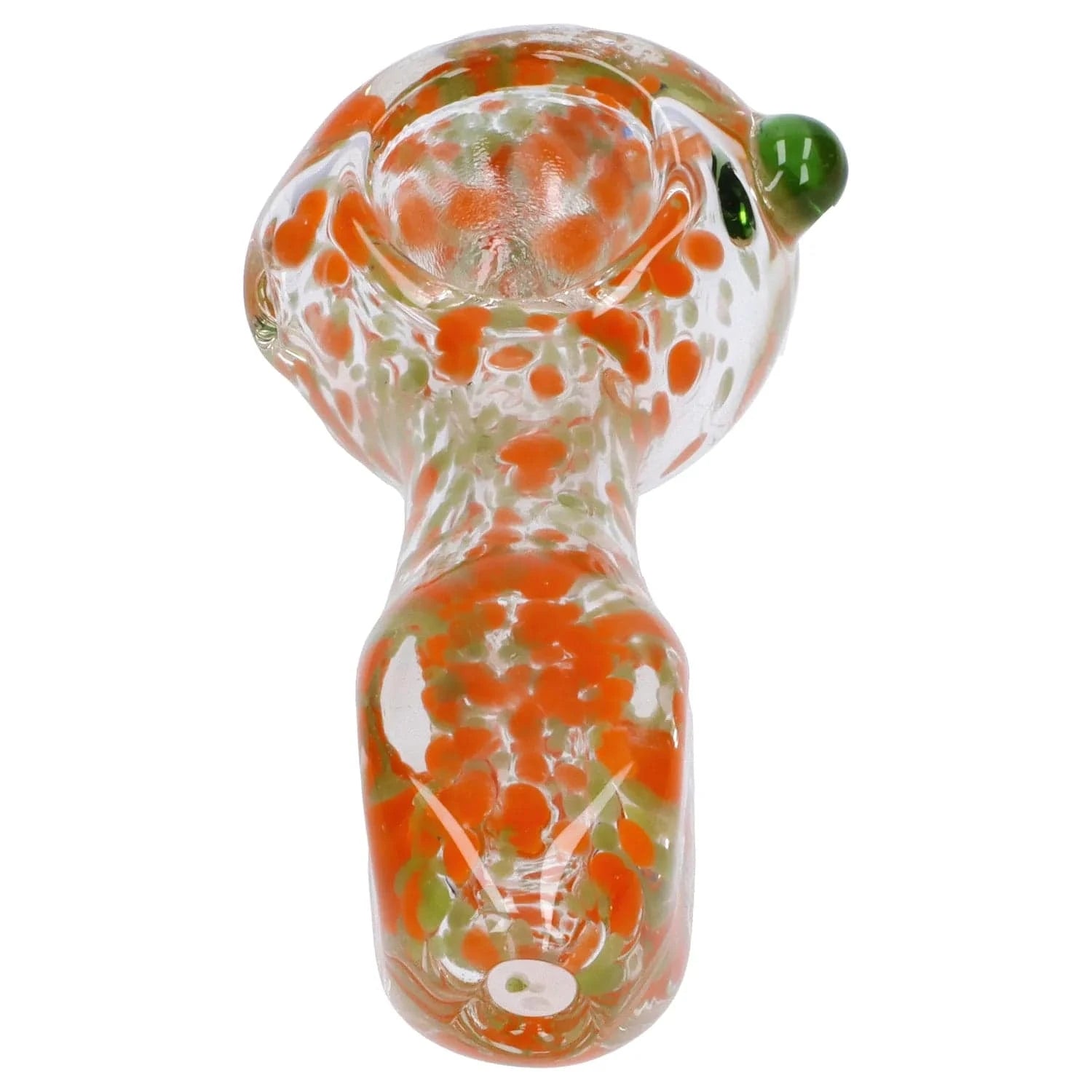 Top-down close-up of the Frit Glass with Square Mouth Pipe - 3.5 in showing orange and green frit speckles in clear glass and a green carb on a white background