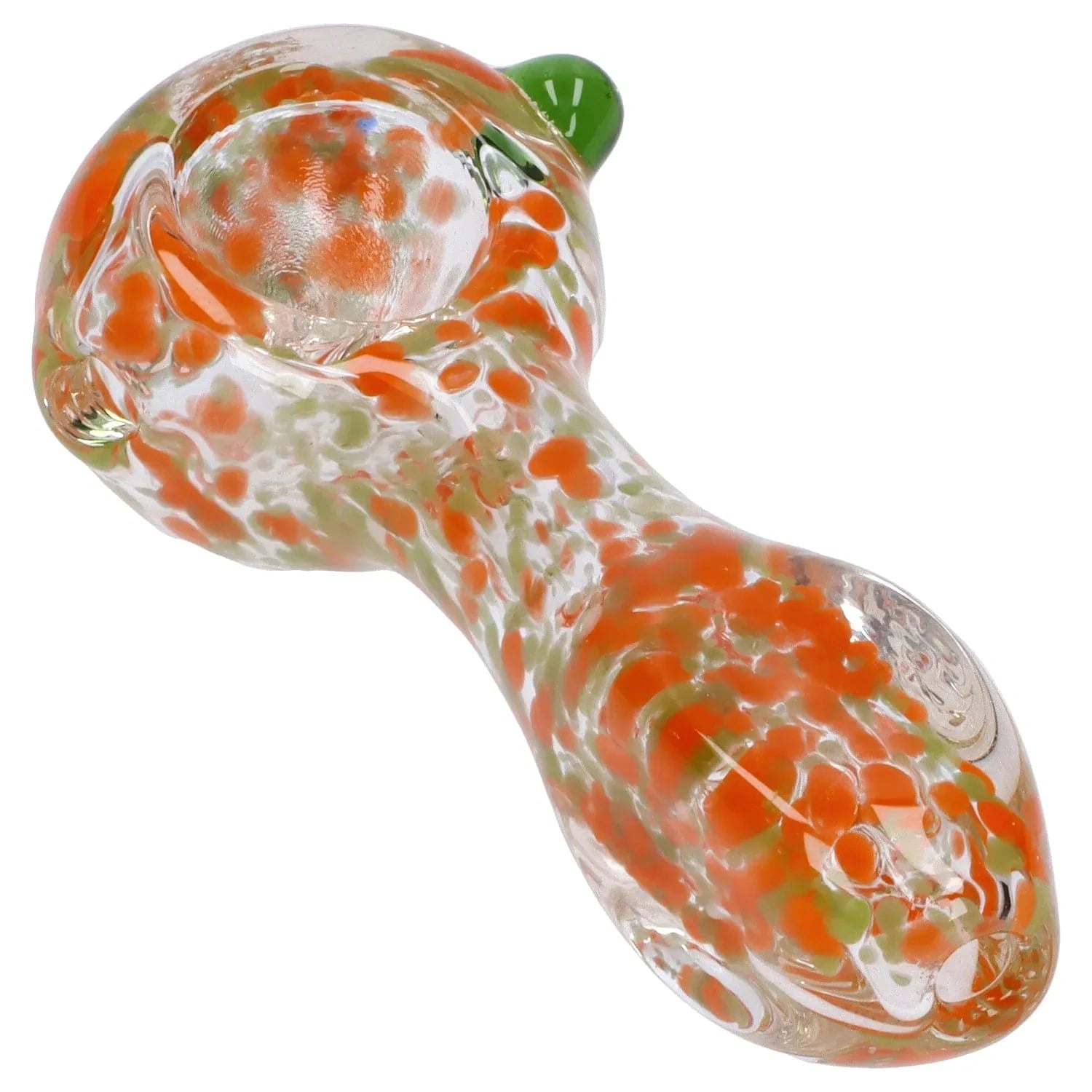 Close-up, angled view of the Frit Glass with Square Mouth Pipe - 3.5 in showing clear glass speckled with orange and pale green frit against a white background.
