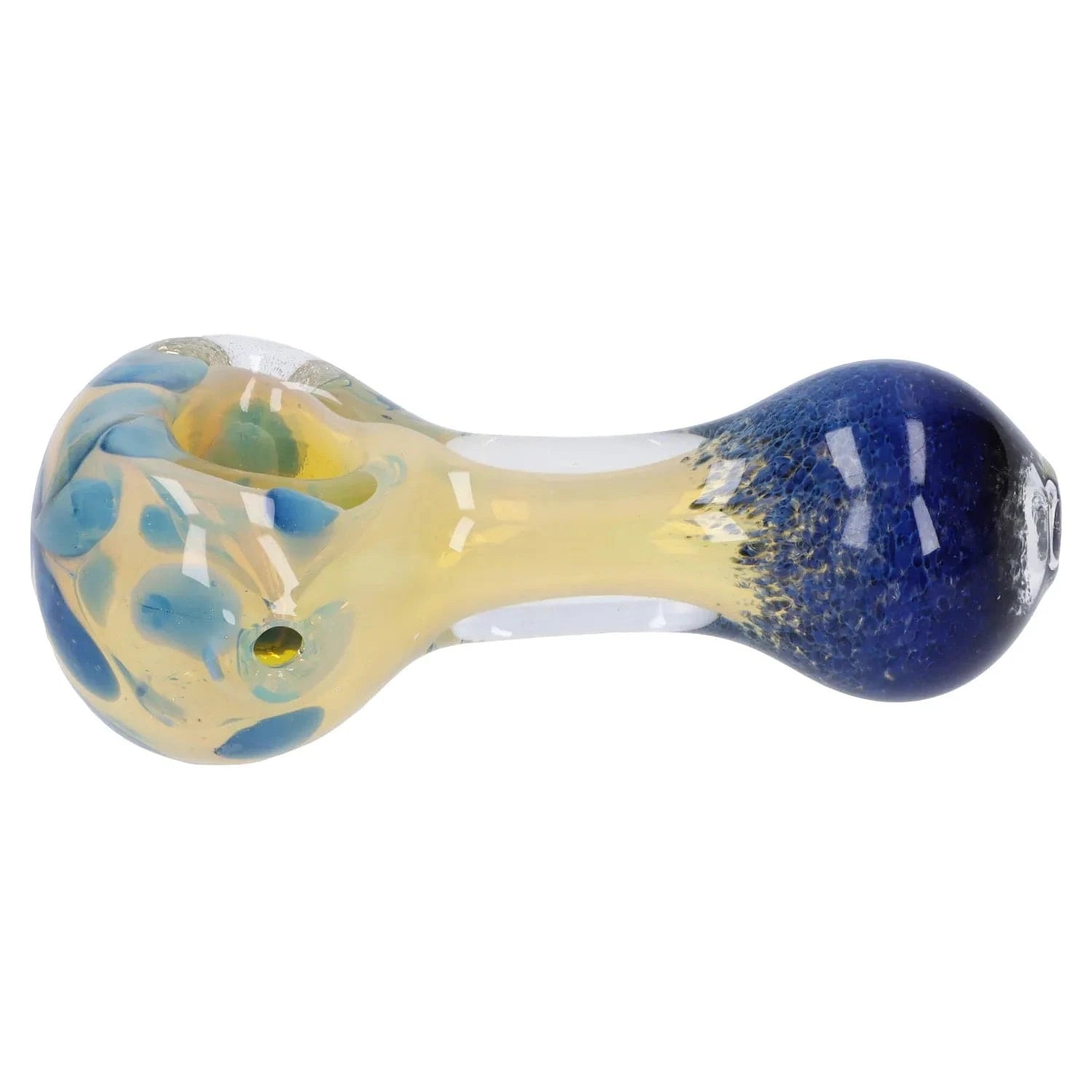 Close-up side view of the Gold and Frit Spoon Pipe - 4 in, showing a pale yellow glass body with blue frit spots and a deep blue rounded mouthpiece.