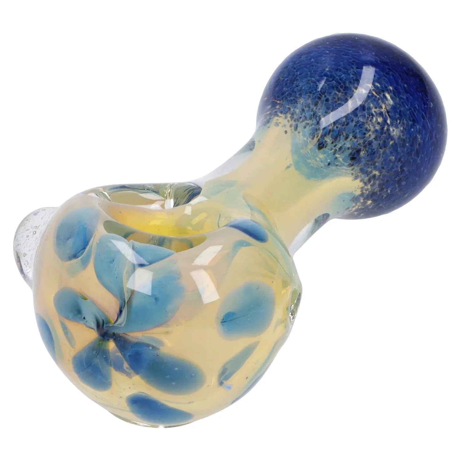 Close-up angled view of the Gold and Frit Spoon Pipe - 4 in, showing its rounded blue-speckled bowl and translucent body with swirled blue frit accents.