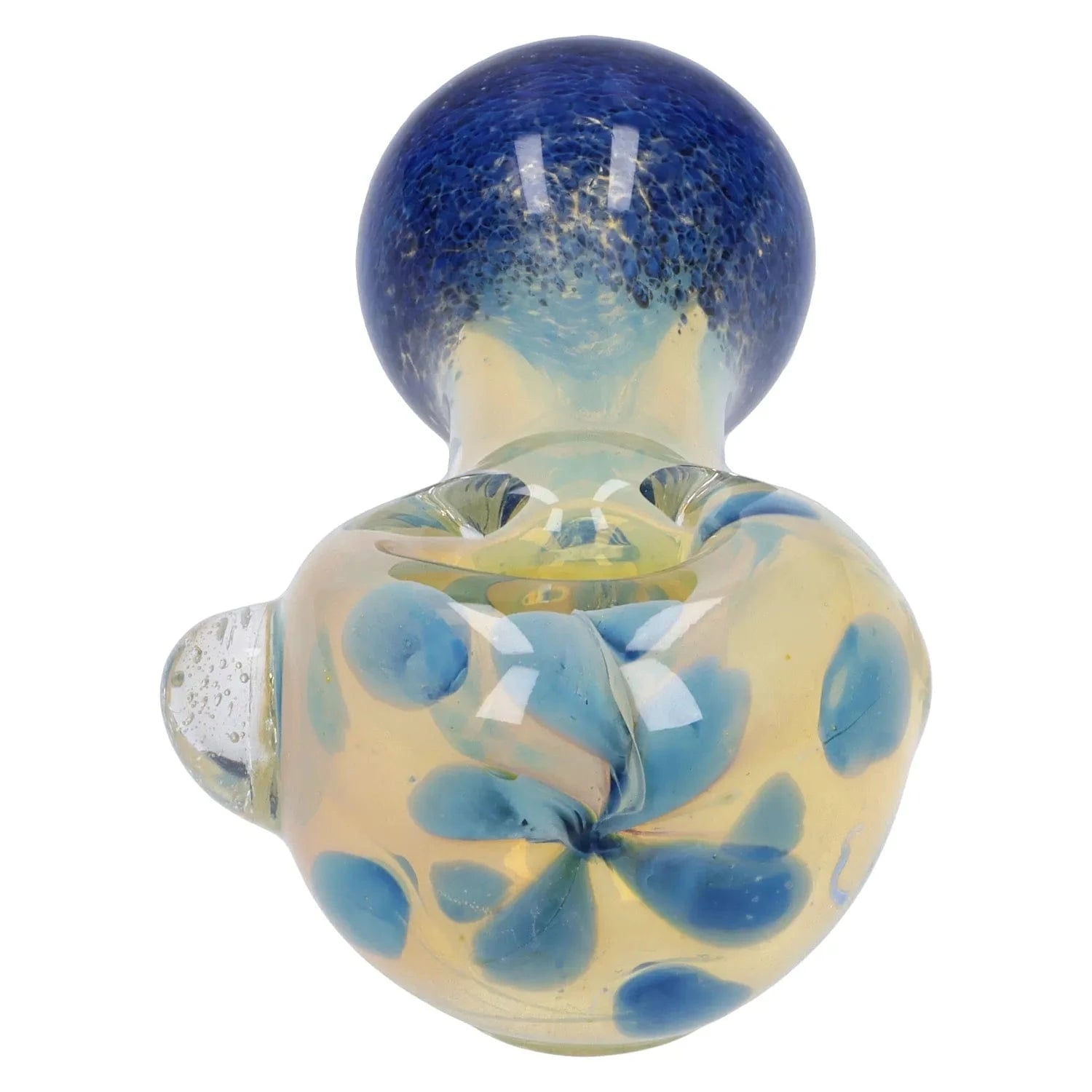 Top-down close-up of the Gold and Frit Spoon Pipe - 4 in showing a rounded blue-speckled bowl and pale gold body with blue floral frit patterns.