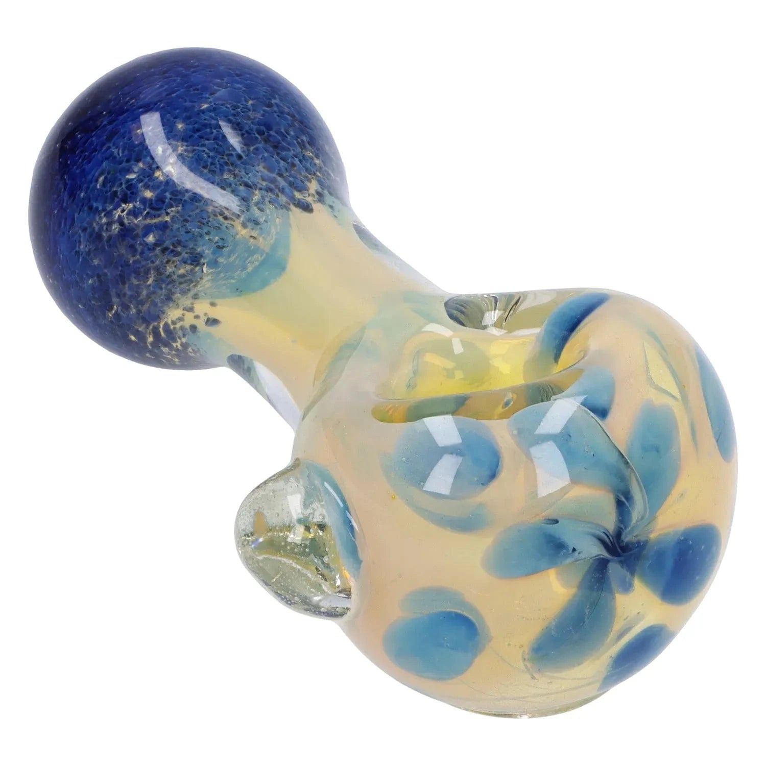 Close-up angled view of the Gold and Frit Spoon Pipe - 4 in showing its rounded blue-speckled bowl and pale gold body with blue frit accents.