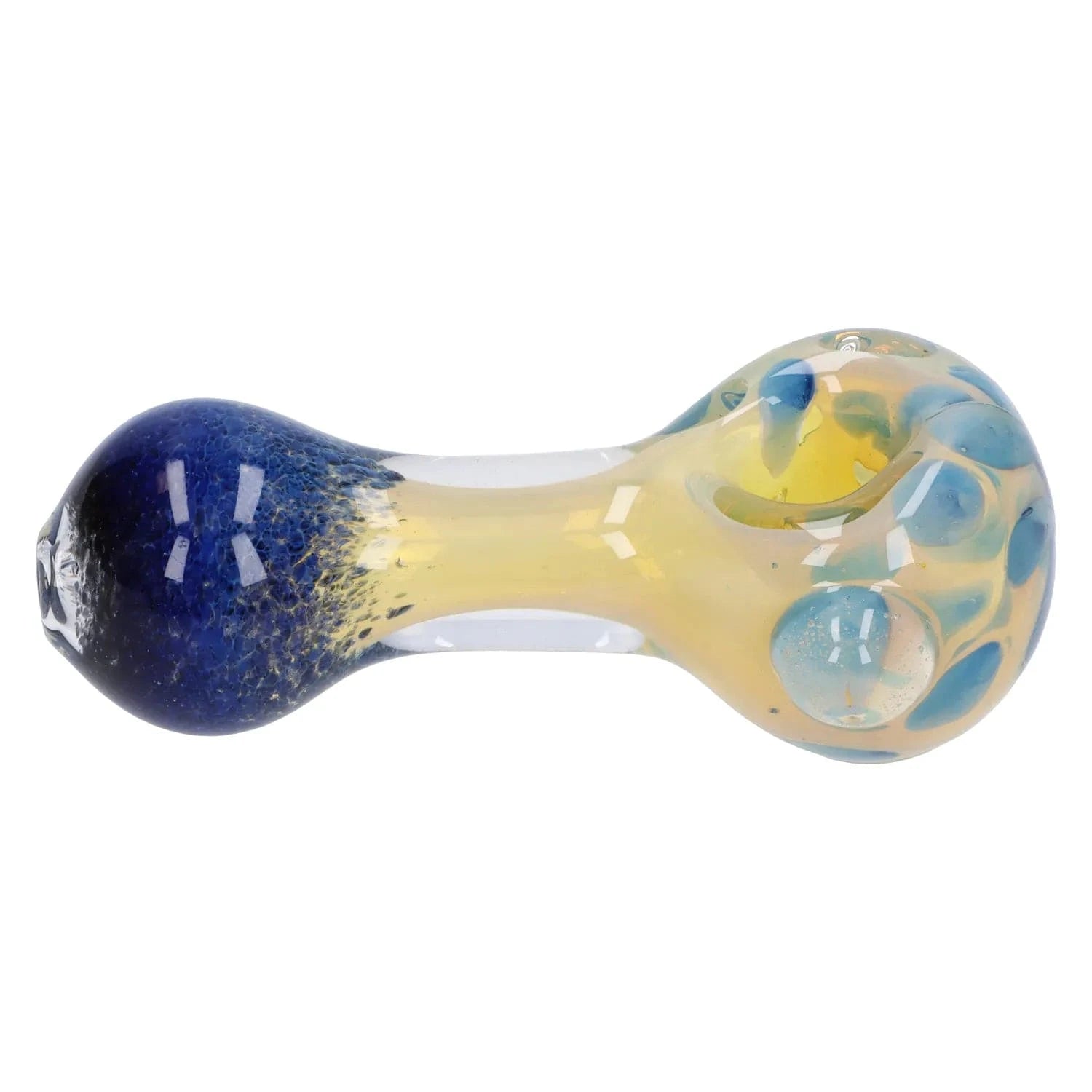 Side view of the Gold and Frit Spoon Pipe - 4 in showing a yellow glass body with blue frit at the bowl and raised blue dots on a white background.