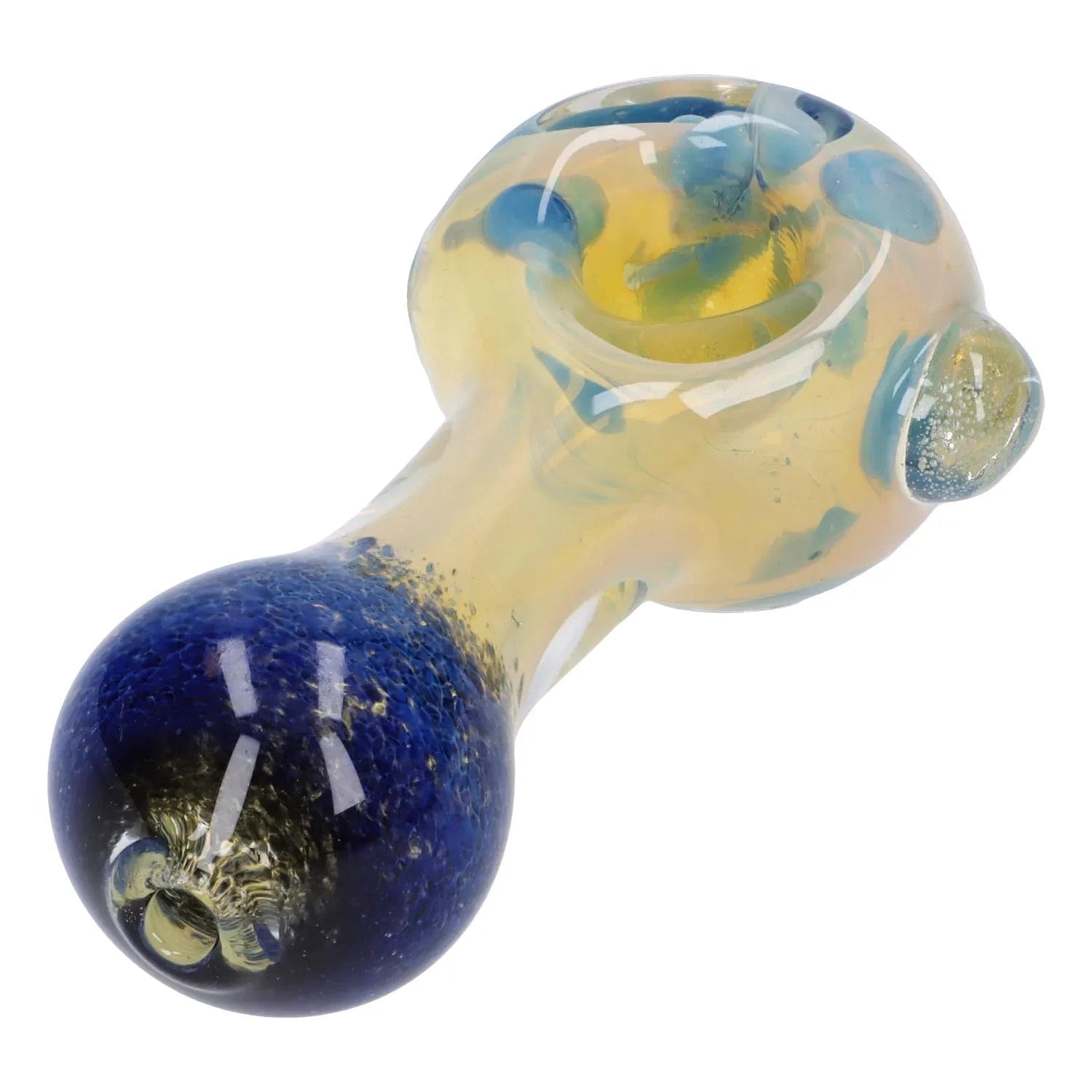 Angled close-up of the Gold and Frit Spoon Pipe - 4 in showing its blue rounded mouthpiece and pale yellow glass bowl with blue frit accents.