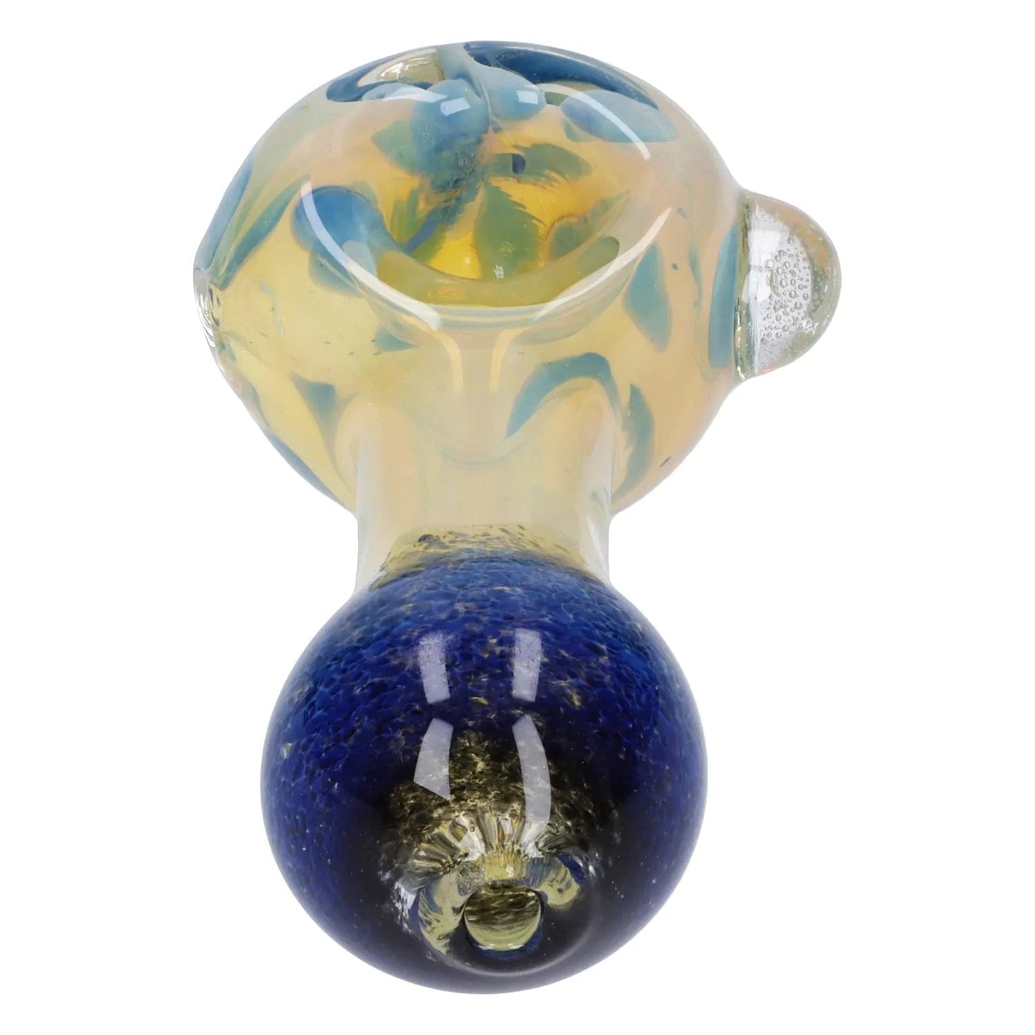 Top-down close-up of the Gold and Frit Spoon Pipe - 4 in showing a pale yellow bowl with blue frit accents and a deep blue rounded handle.