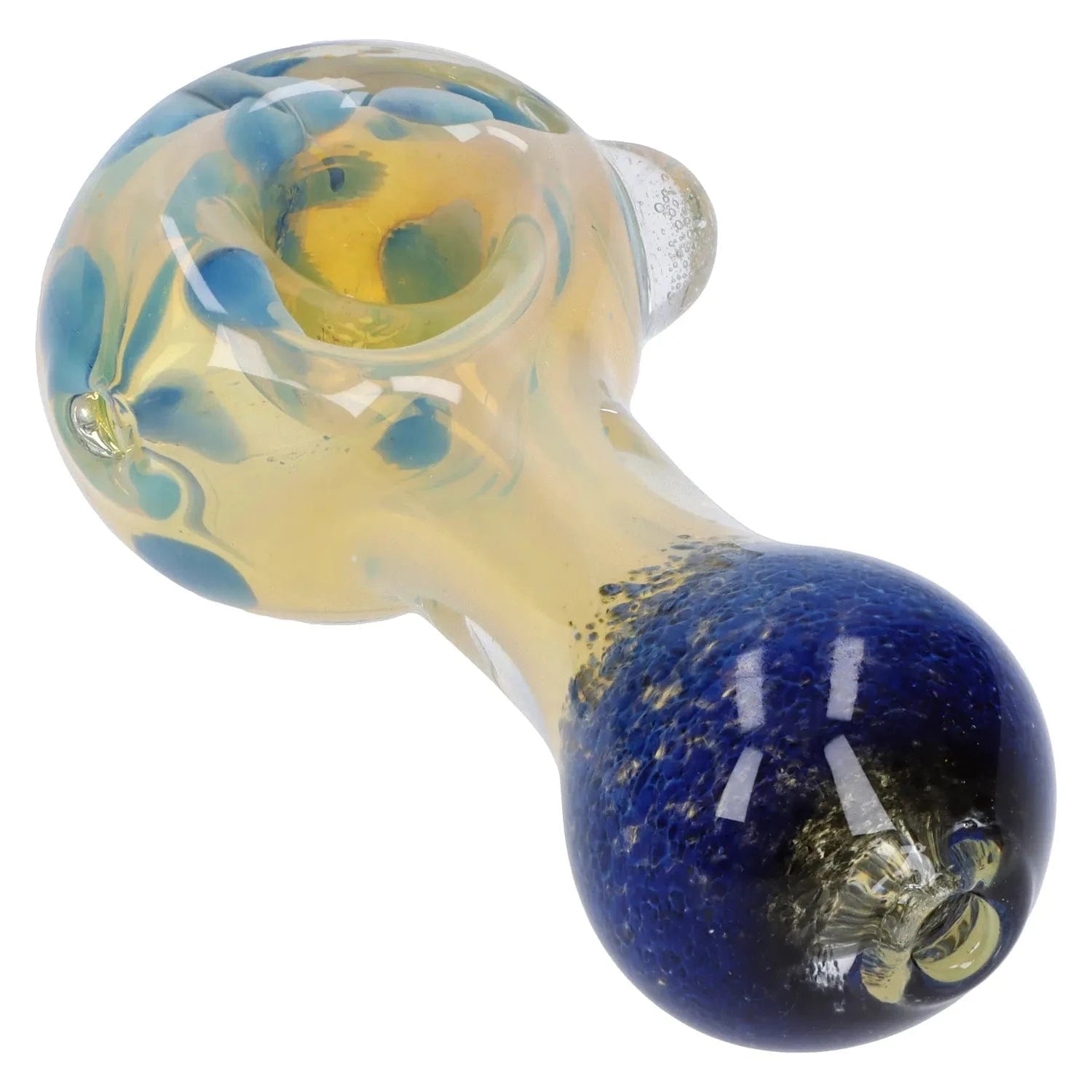 Angled close-up of the Gold and Frit Spoon Pipe - 4 in showing its yellow glass bowl with blue frit accents and deep blue rounded mouth end