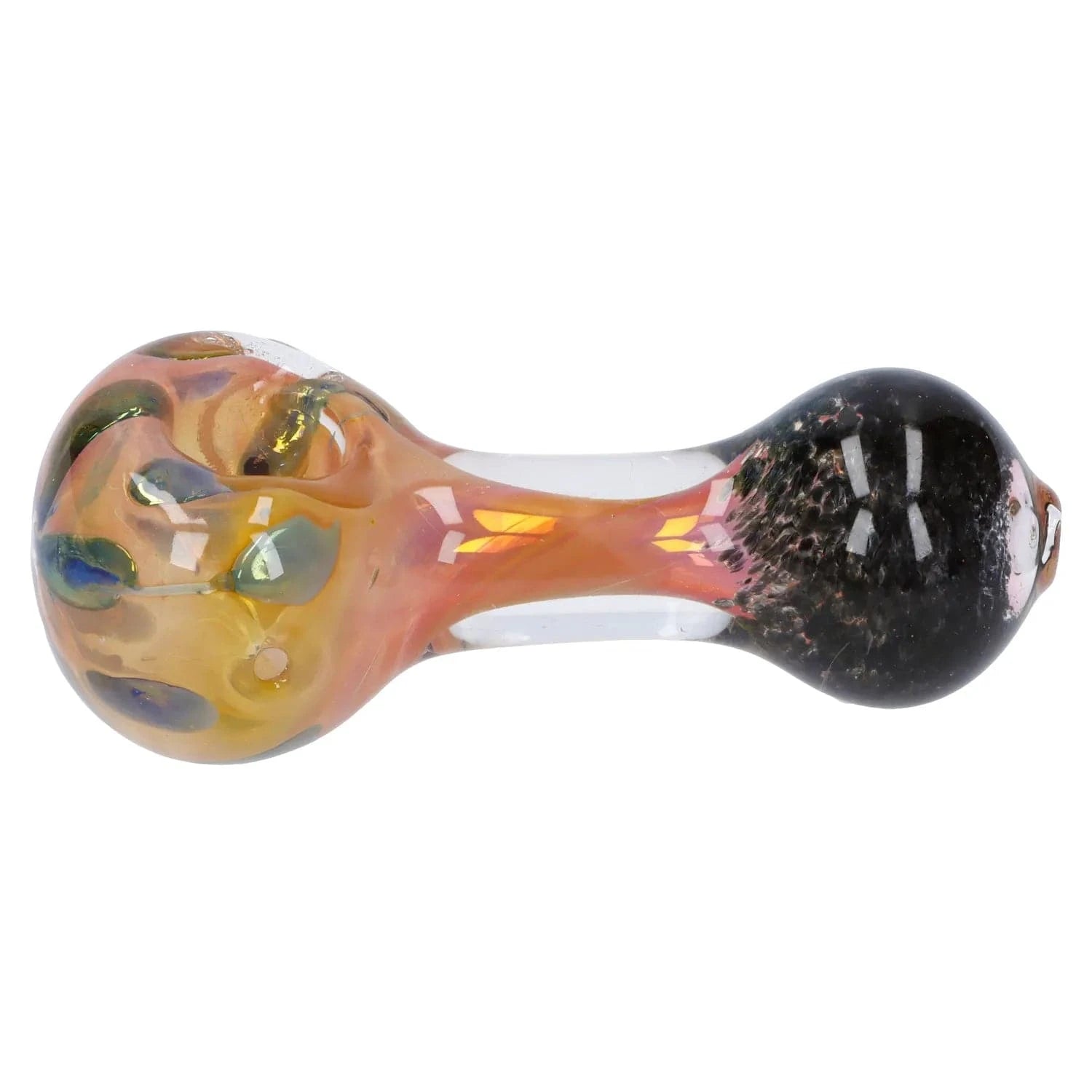 Side view of the Gold and Frit Spoon Pipe - 4 in, showing a short iridescent amber bowl with blue frit accents and a dark speckled mouthpiece.