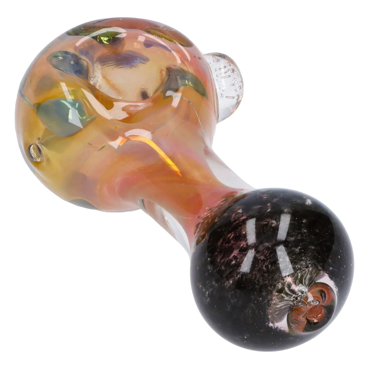 Angled close-up of the Gold and Frit Spoon Pipe - 4 in, showing its iridescent amber bowl with green frit accents and dark rounded mouthpiece