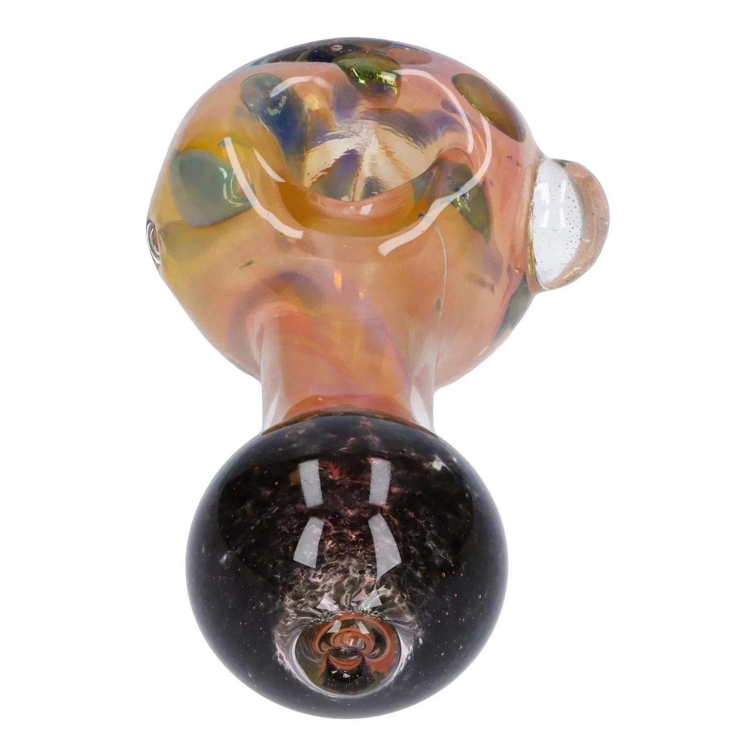 Top-down close-up of the Gold and Frit Spoon Pipe - 4 in, showing the iridescent gold bowl with green frit dots and a dark rounded handle.