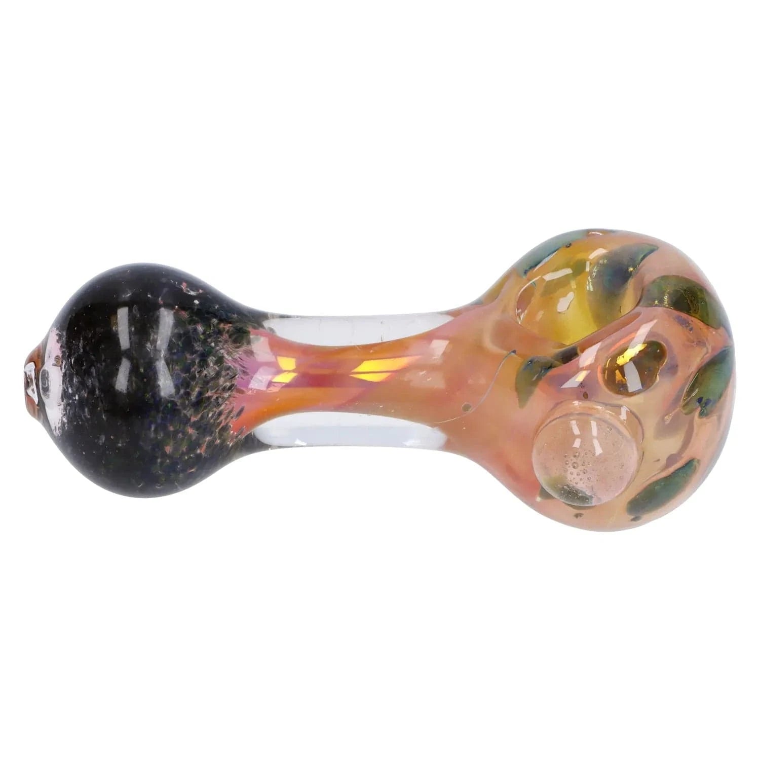 Side view of the Gold and Frit Spoon Pipe - 4 in, showing a clear glass neck with iridescent orange and pink bowl and a dark speckled mouth end.