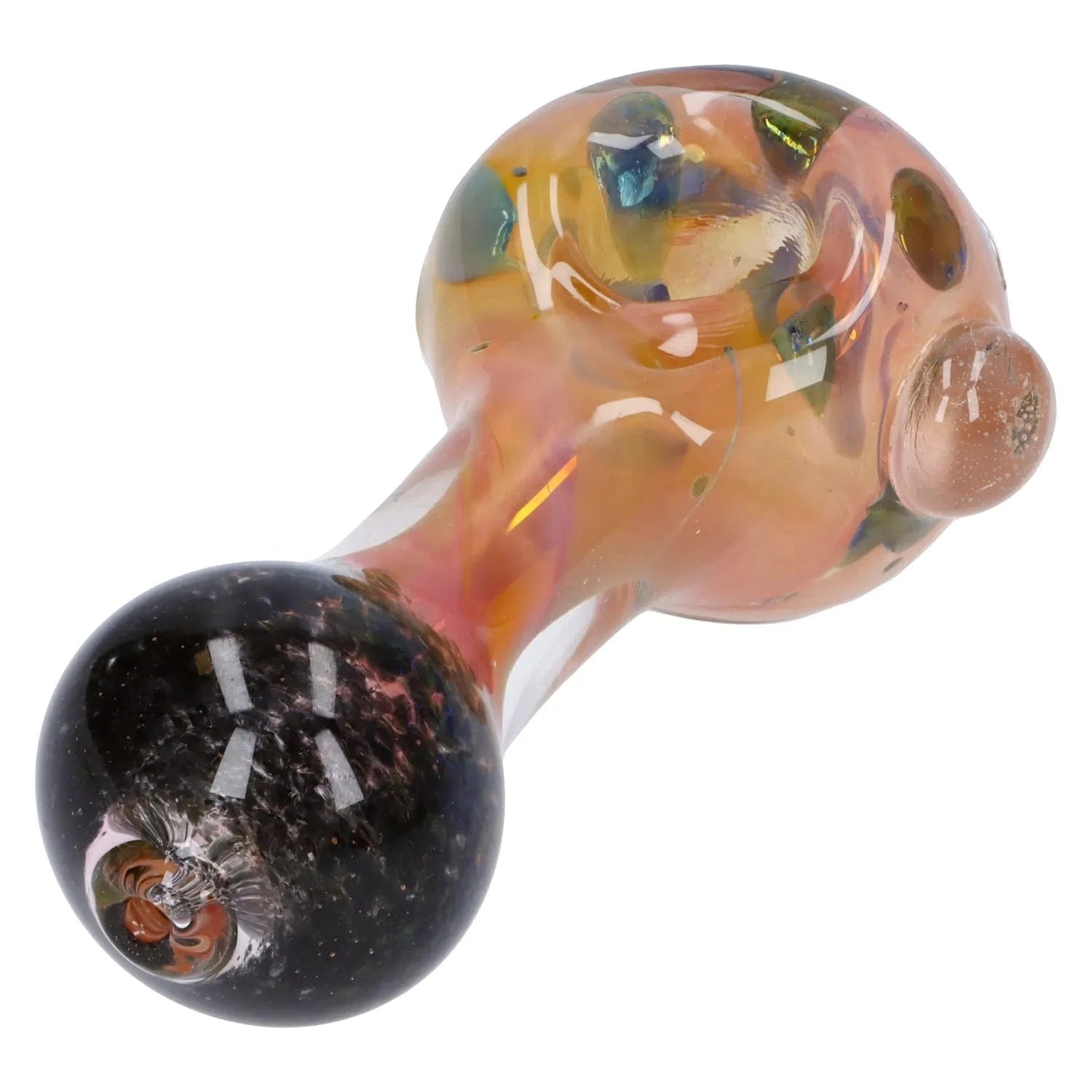 Angled close-up of the Gold and Frit Spoon Pipe - 4 in showing its iridescent amber bowl and dark marbled mouthpiece against a white background