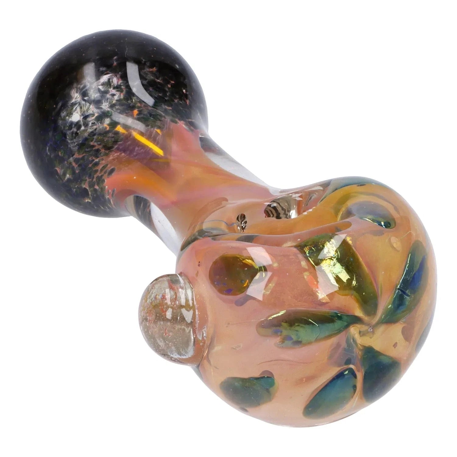 Close-up angled view of the Gold and Frit Spoon Pipe - 4 in showing its iridescent orange glass bowl with green fleck details and a dark rounded mouthpiece.