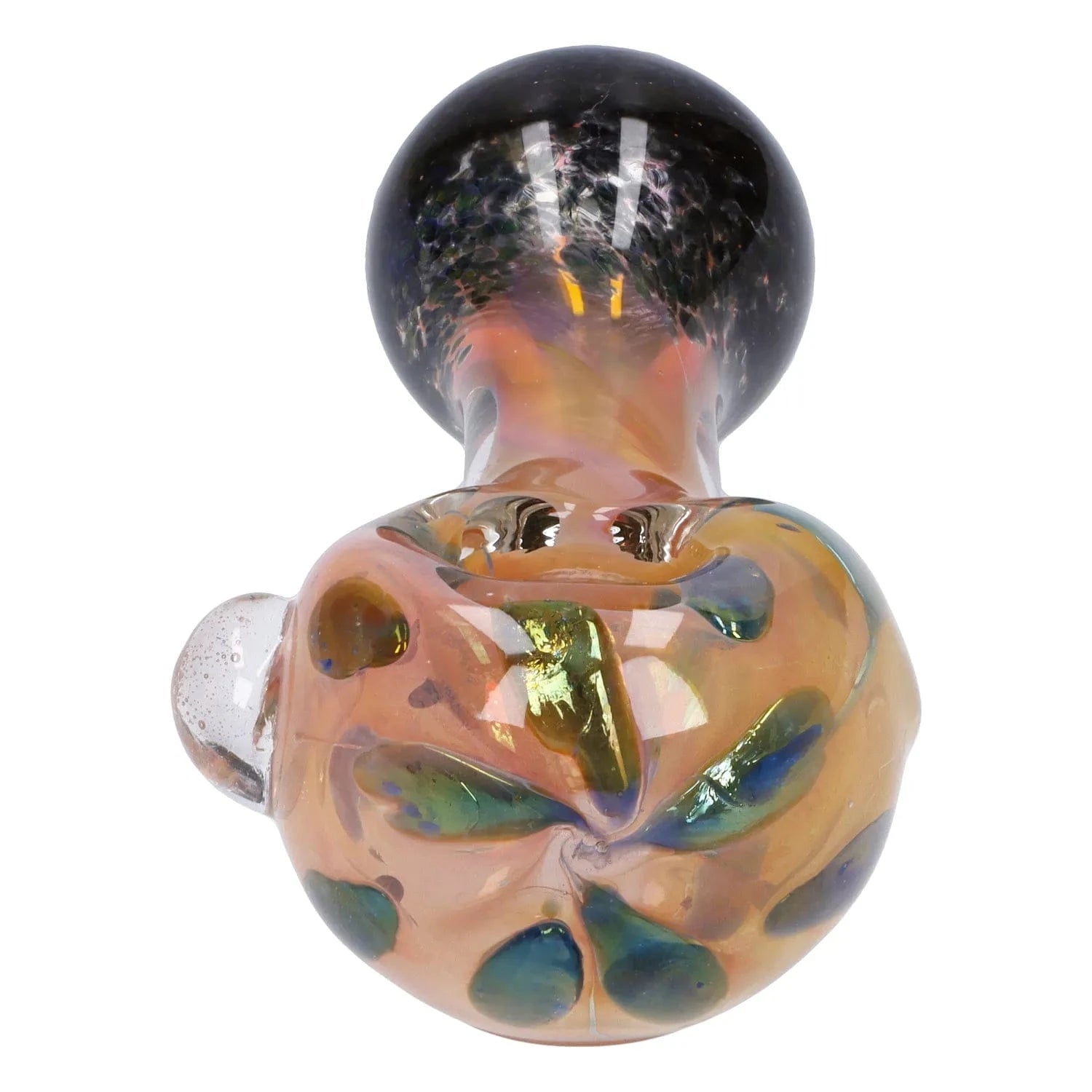 Top-down close-up of the Gold and Frit Spoon Pipe - 4 in showing its rounded bowl, iridescent gold-orange glass and blue-green frit spots.