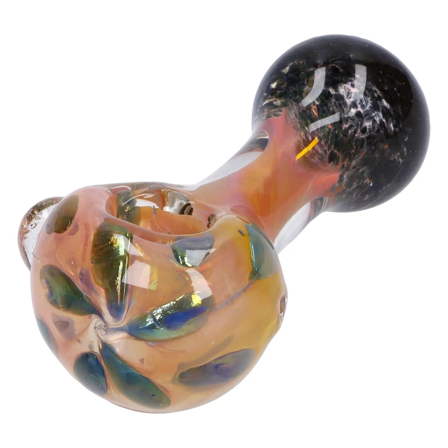 Close-up angled view of the Gold and Frit Spoon Pipe - 4 in showing its iridescent amber bowl with blue-green frit accents and a dark rounded mouthpiece.