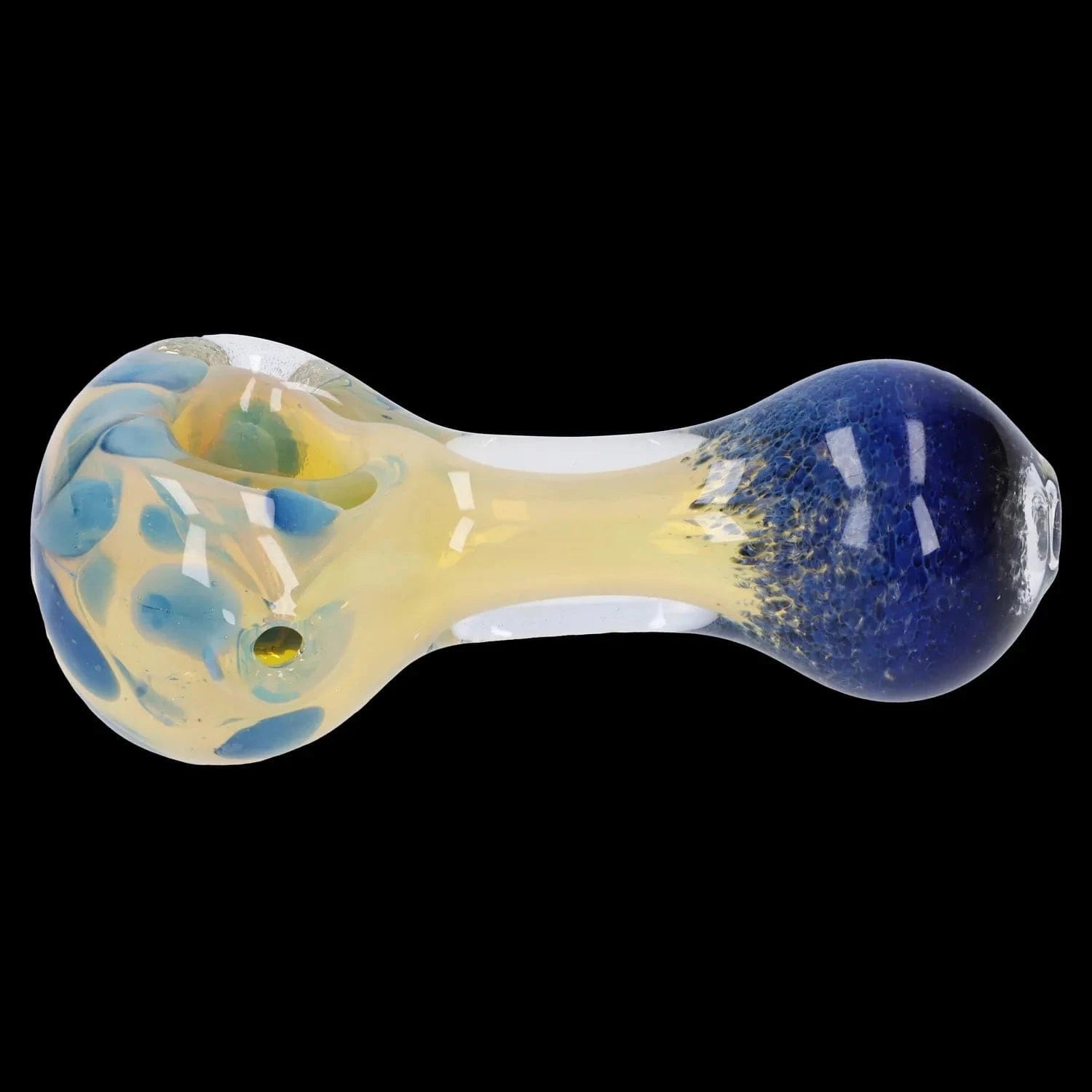 Top-down close-up of the Gold and Frit Spoon Pipe - 4 in showing its pale yellow body, blue frit-speckled bowl and rounded mouthpiece against a black background.