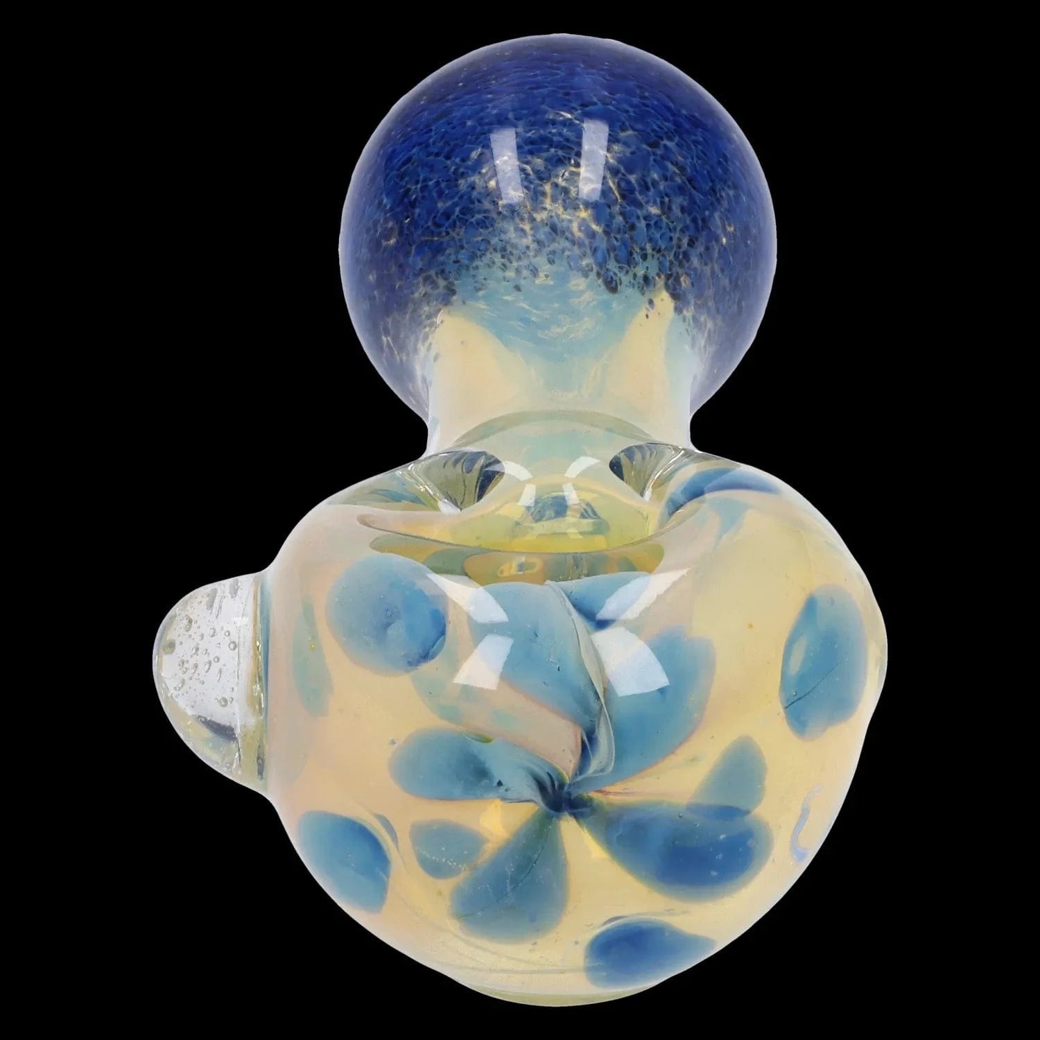 Close-up front view of the Gold and Frit Spoon Pipe - 4 in showing a rounded blue-speckled mouthpiece and a cream body with blue floral frit patterns.