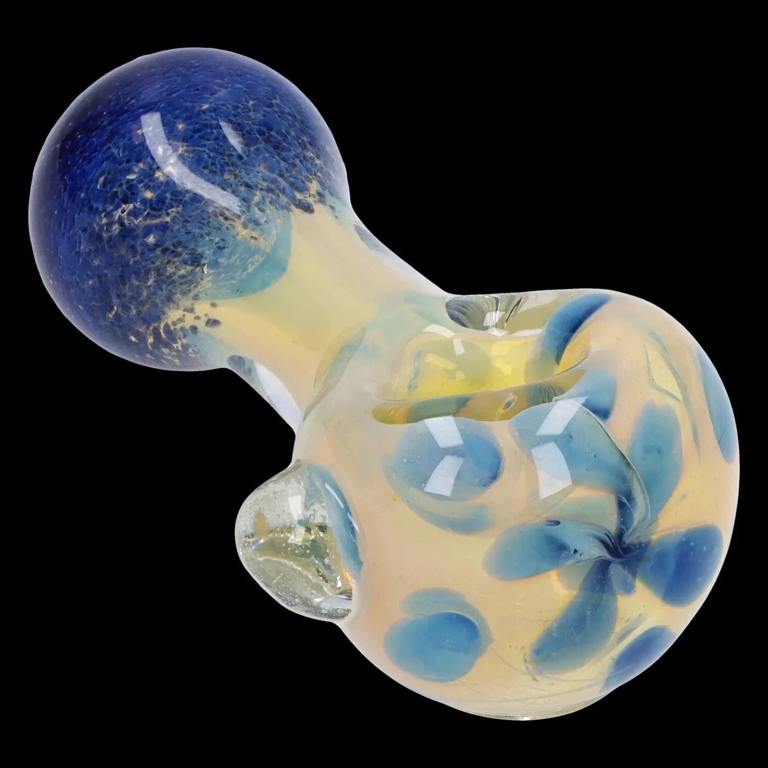 Close-up angled view of the Gold and Frit Spoon Pipe - 4 in showing a glossy blue frit bulb and pale gold body with blue floral accents on a black background