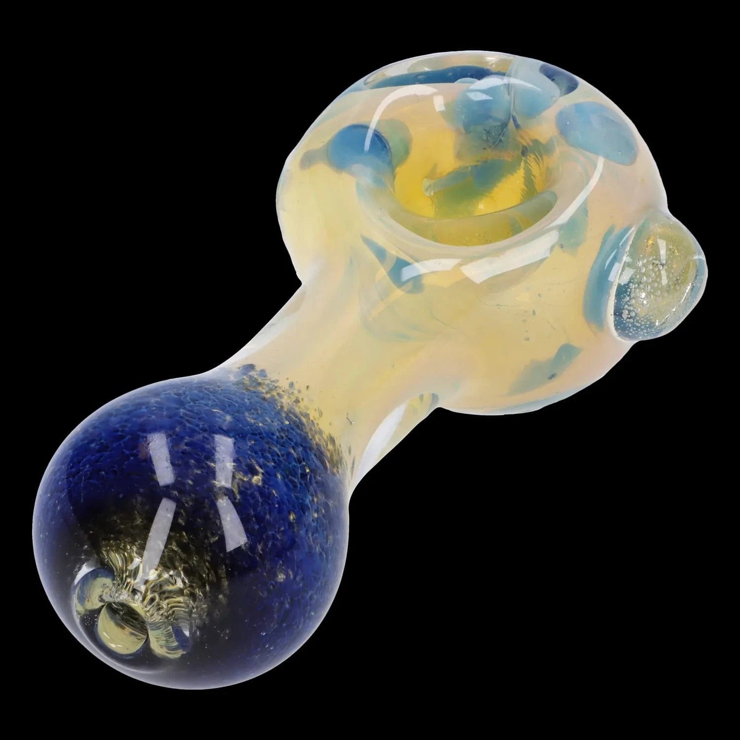 Close-up angled view of the Gold and Frit Spoon Pipe - 4 in, showing a glossy blue bulbous bowl fading into a pale opalescent body with blue frit accents.