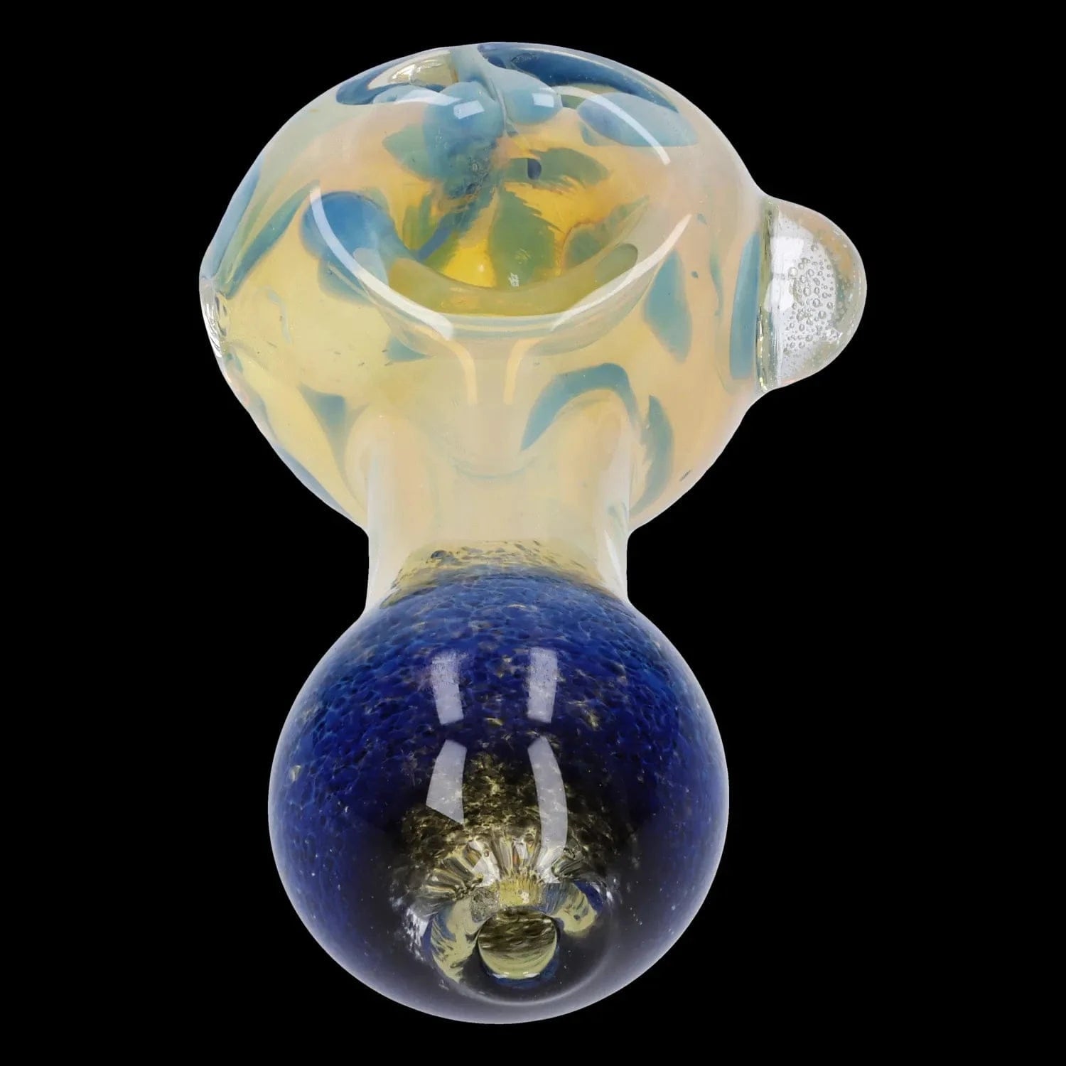 Top-down close-up of the Gold and Frit Spoon Pipe - 4 in showing its translucent yellow bowl with blue frit accents and a deep blue rounded stem against black background
